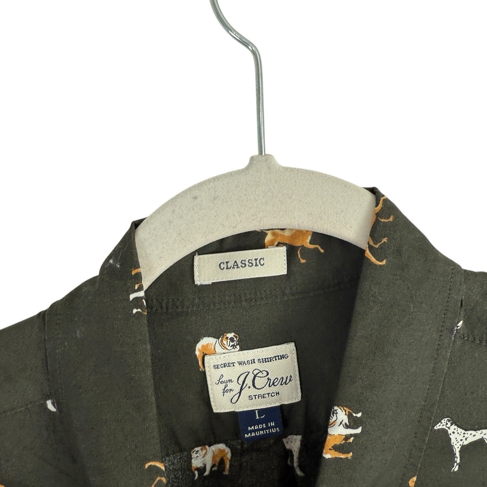 J Crew Classic Fit Green Long Sleeve Button Down Shirt All Over Dog Print Men Lg
