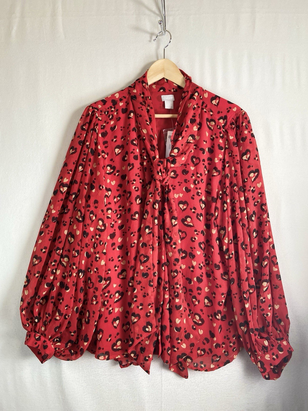 Chico’s Blouse Womens 3 Red Leopard Heart Sheer Top Tie Neck Long Sleeve NWT