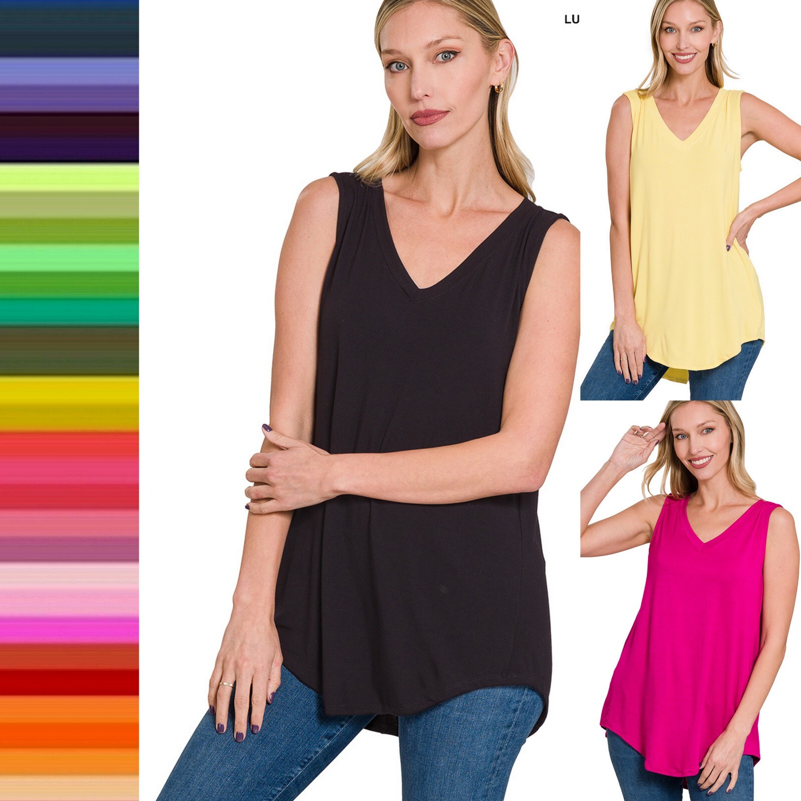 Luxe Rayon V-Neck Sleeveless Rayon Top Hi-Low Dolphin Hem Long Tank Tunic