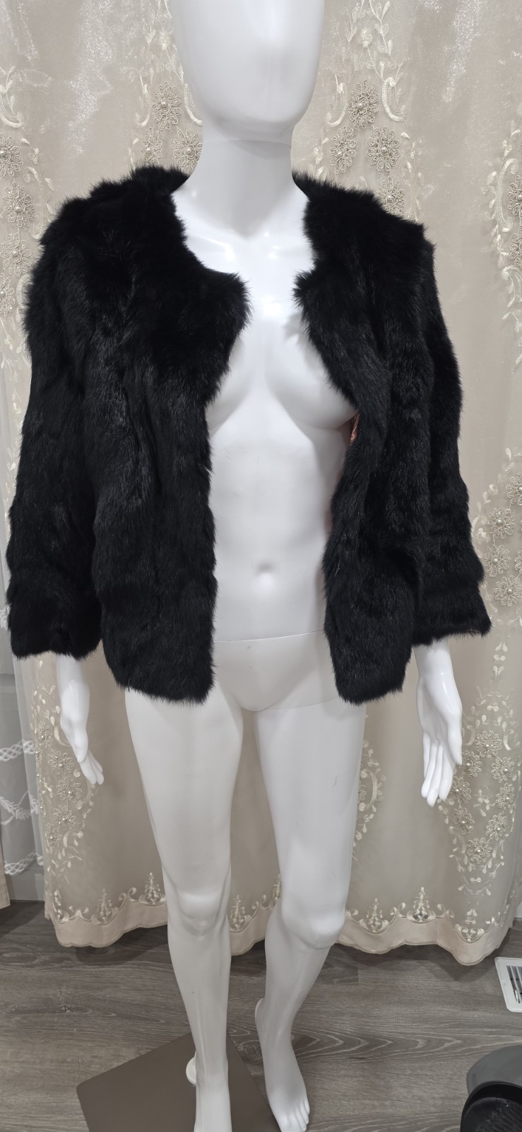 JinDiao Women’s Black Faux Fur Lined Open Front Short Jacket Long Sleeve L