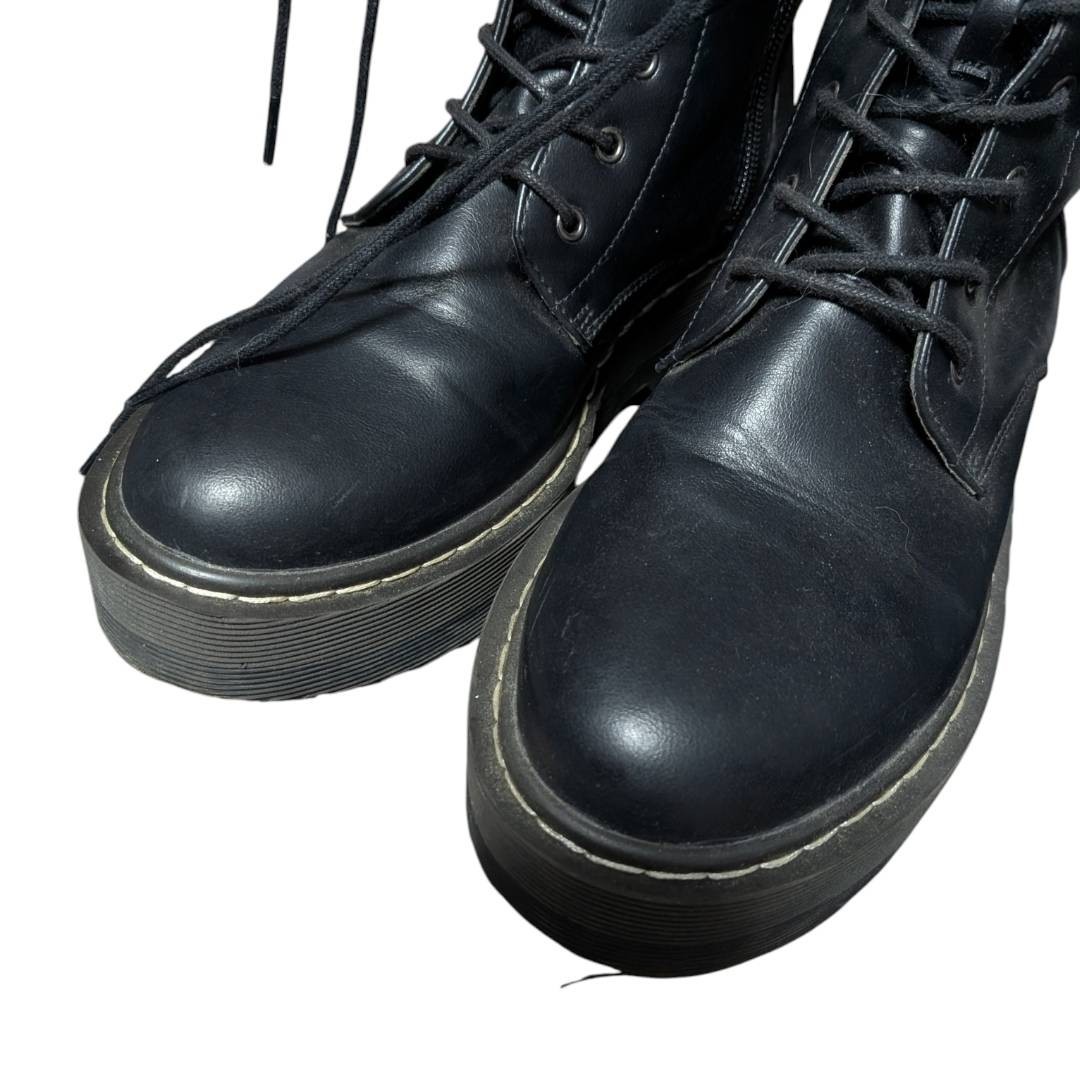 No Brand 15-Hole Platform Lace-Up Boots Side Zip Black 23.5cm Super Excellent