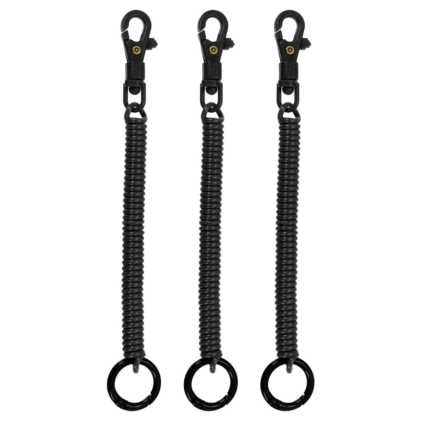 3 x Retractable Coil Springs Keychain with Plastic Lobster Clasp Keyring Black
