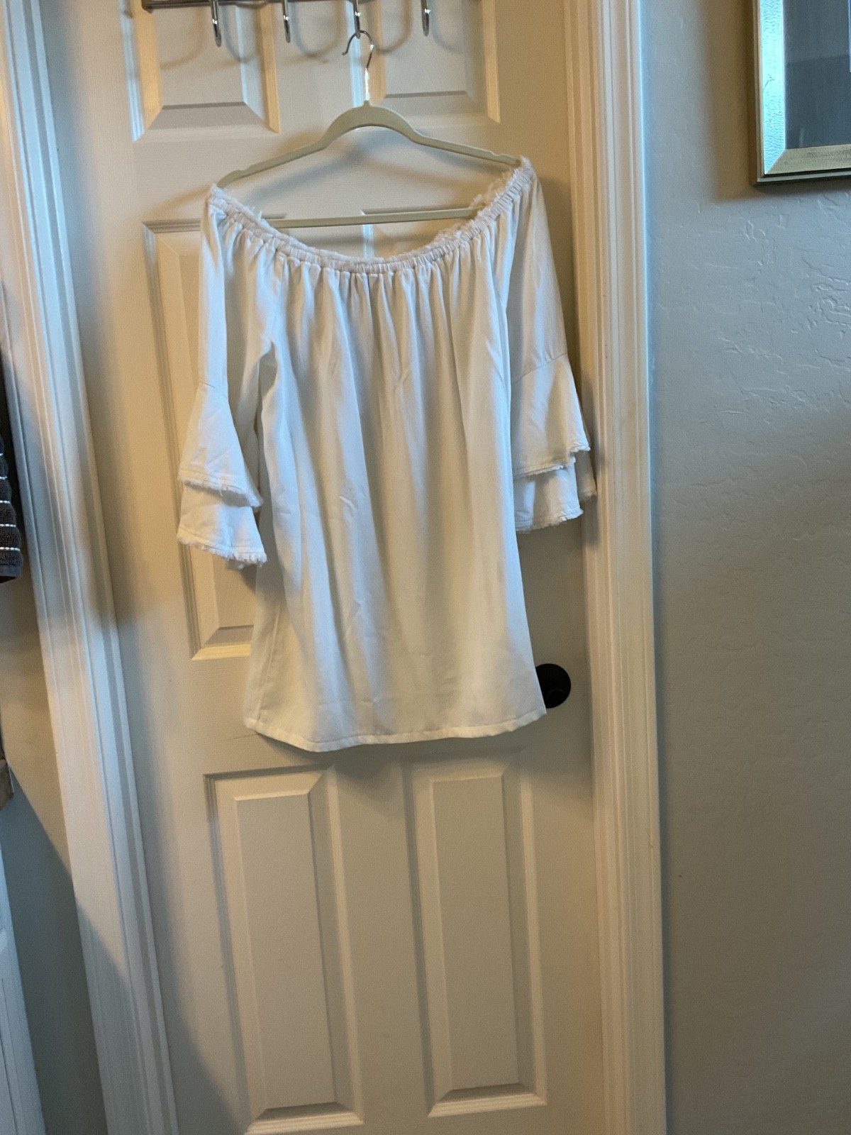 Boston proper white off the shoulder mini dress with ruffled sleeve