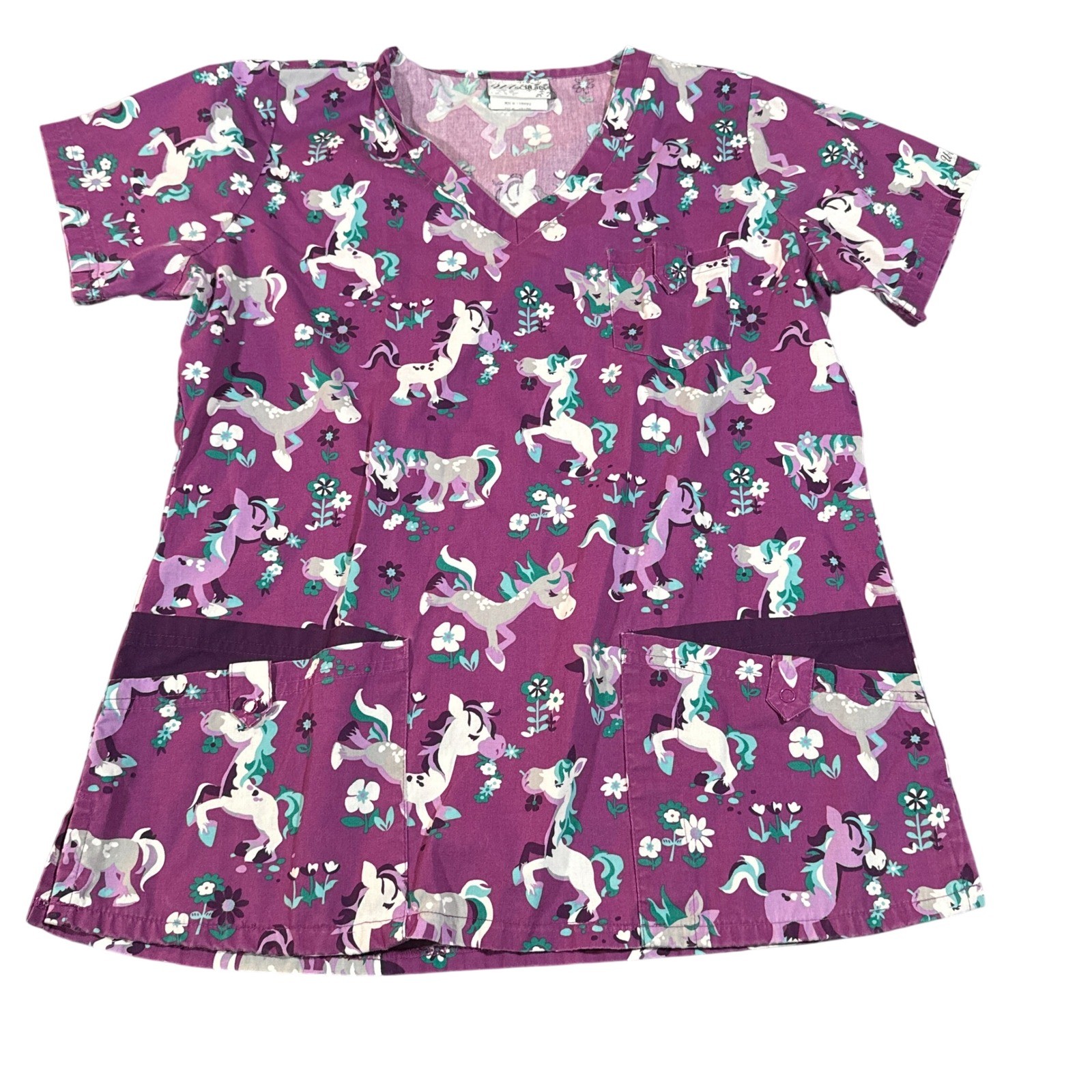UA Scrubs Frolic in the Flowers Berry Burst Unicorn V-Neck Scrub Top Medium