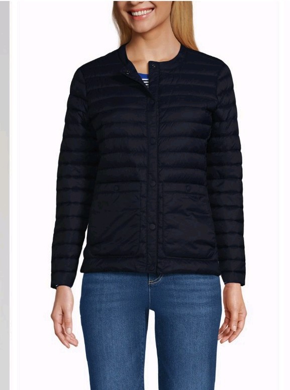 Lands’ End Quilted Puffer Jacket Women’s Navy Blue Snap Full Zip Outdoor – Small