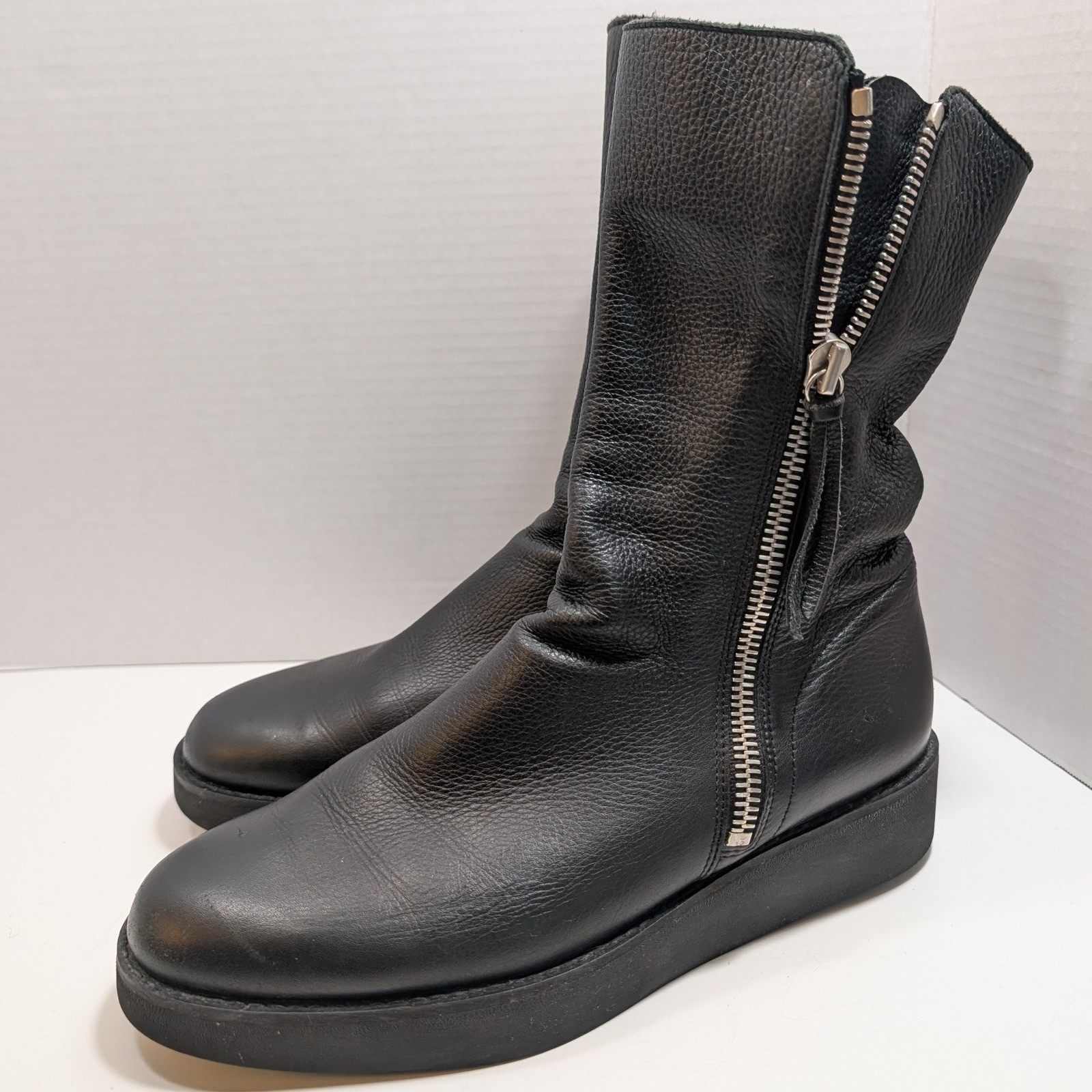 Arche Leather Zipper Platform Ankle Boots Black Pebbled Wedge Women 40 Moto Euro