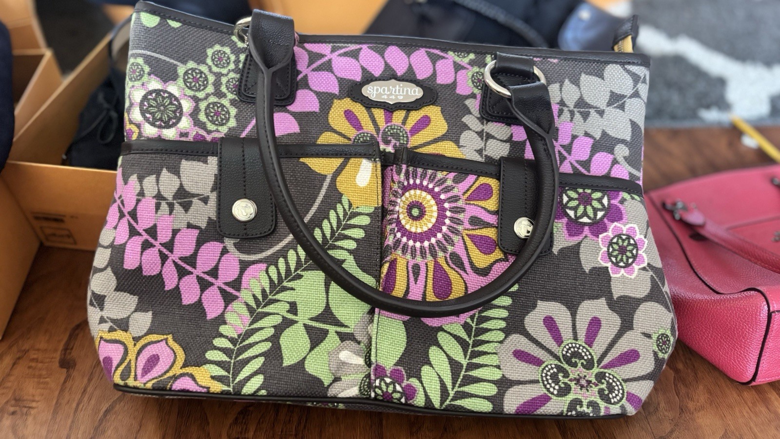 Spartina 449 Floral Multicolor Tote Zip Top Black Leather Double Handles Pockets