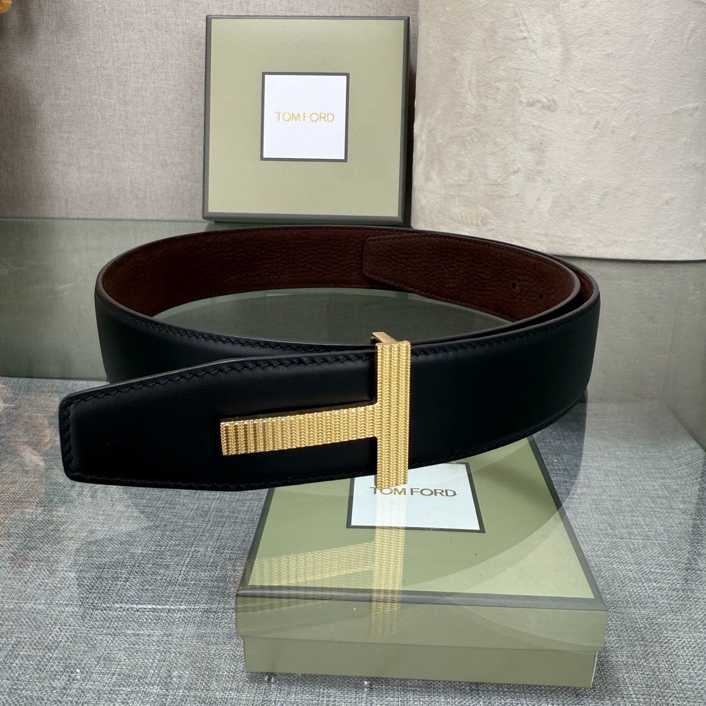Authentic Tom Ford Reversible Leather T-Buckle Belt Luxury Designer Fashion