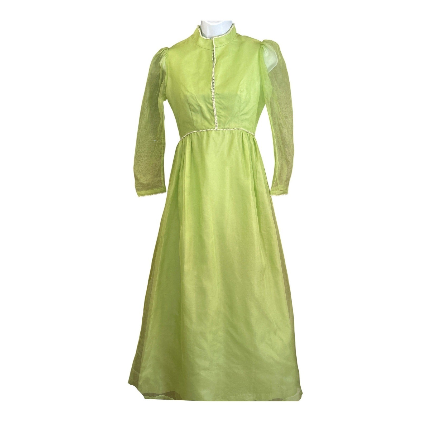 Vintage 60s Lime Green Organza Prairie Dress Mod Empire Waist Talon Zip