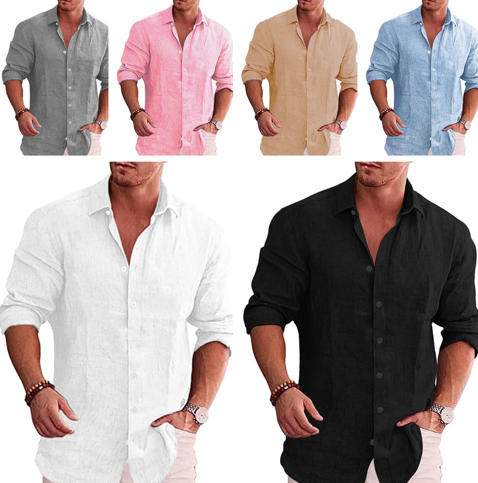 Shirt Men’s Long Sleeve Plain Cotton Linen Club Button Down Short BLACK FRIDAY🔖