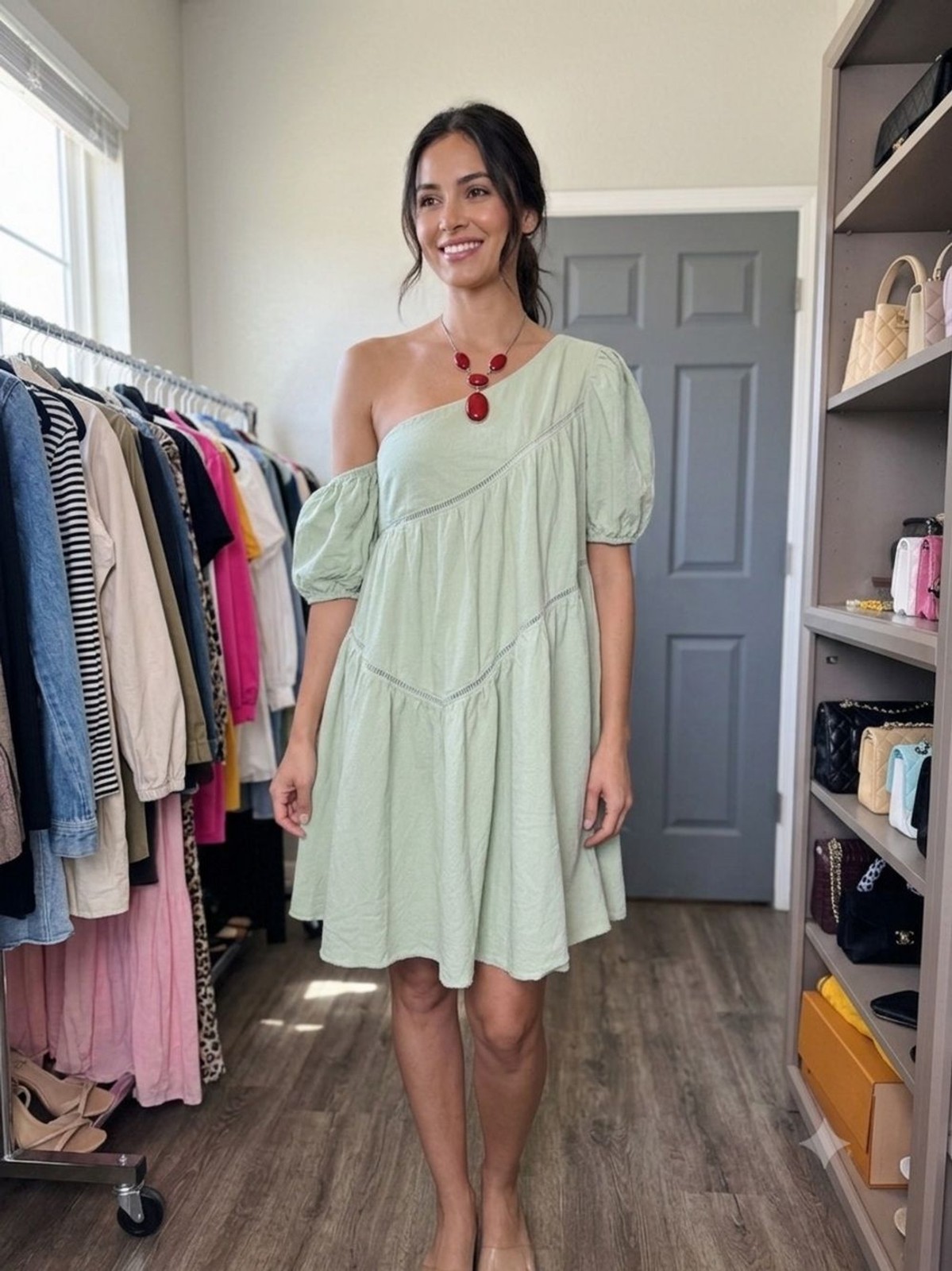 Sage Green One-Shoulder Tiered Mini Dress with Lattice Trim