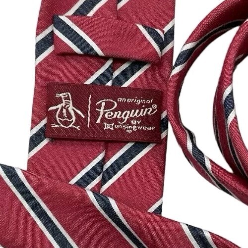 PENGUIN Men’s Polyester Cotton Silk Tie LUXURY Red Black Striped W:2.2″ EUC