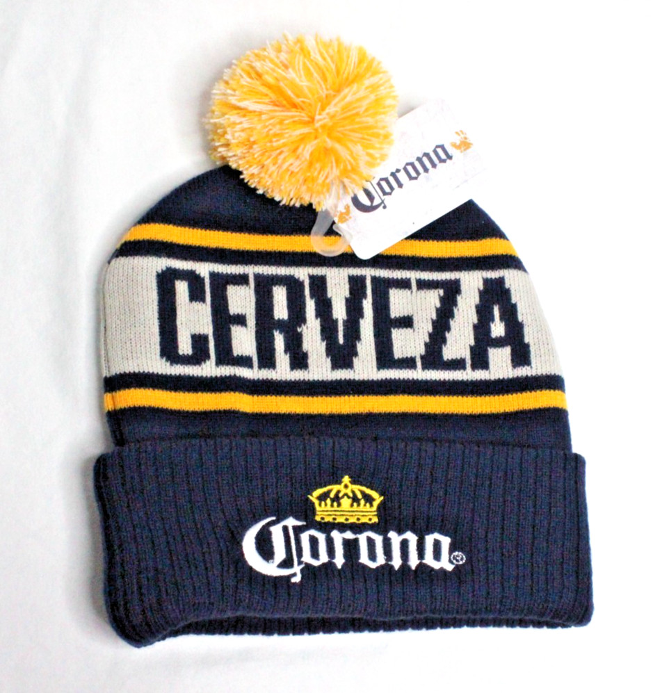 Corona Cerveza Navy Blue Yellow Pom Cuff Beanie One Size