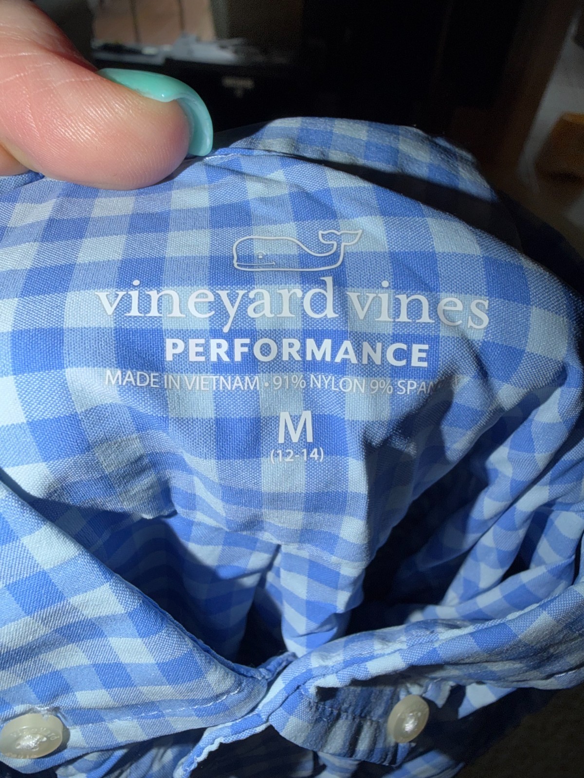 Vineyard Vines Boys Green White Gingham Whale Button-Down Dress Shirt M 12-14