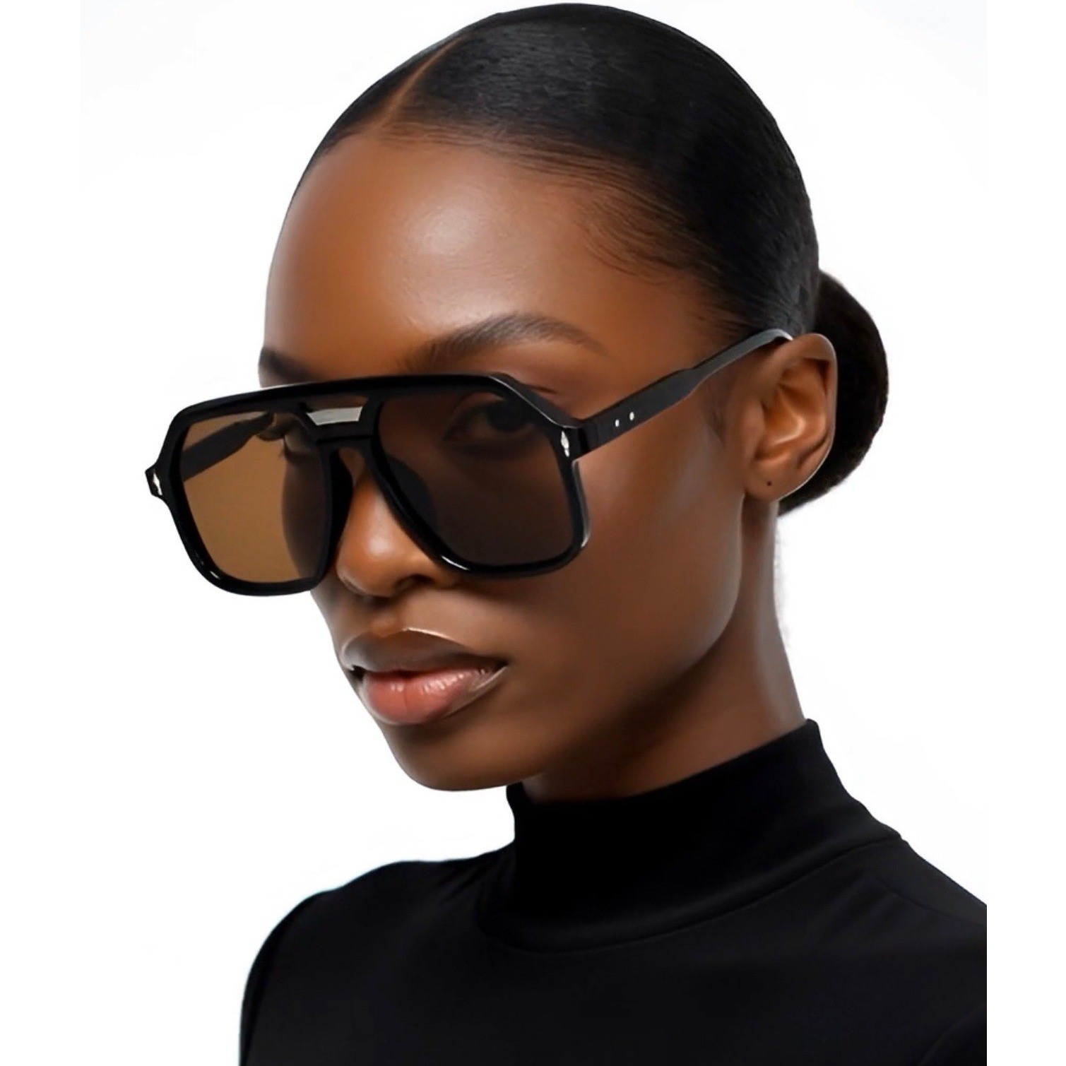 Oversized Flat Top Fancy Sunglasses Black Frame Brown Lens Square Shield 142mm