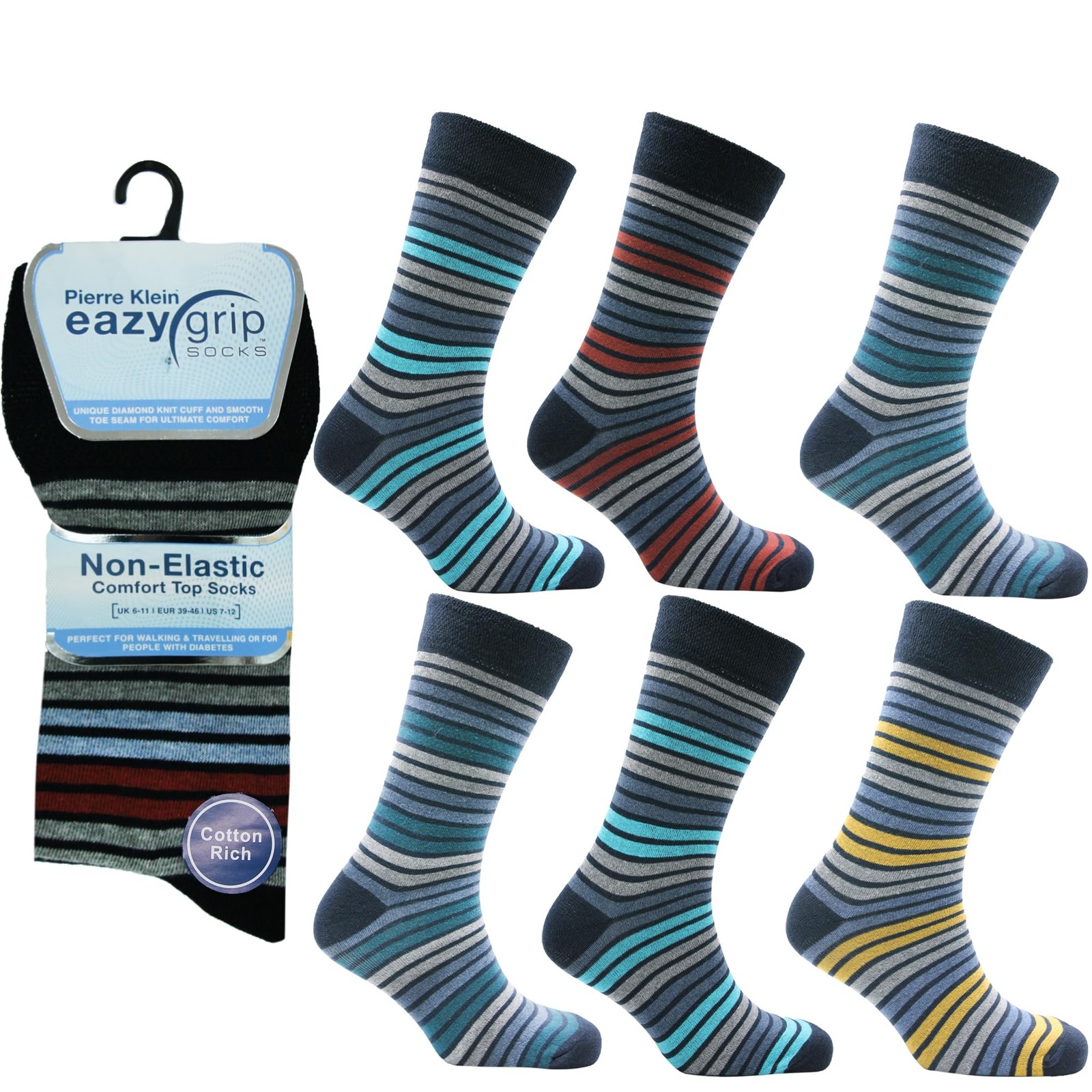6 Pairs Eazy Grip Mens Non-Elastic Socks – Size 6-11/EU 39-46, Assorted Stripes