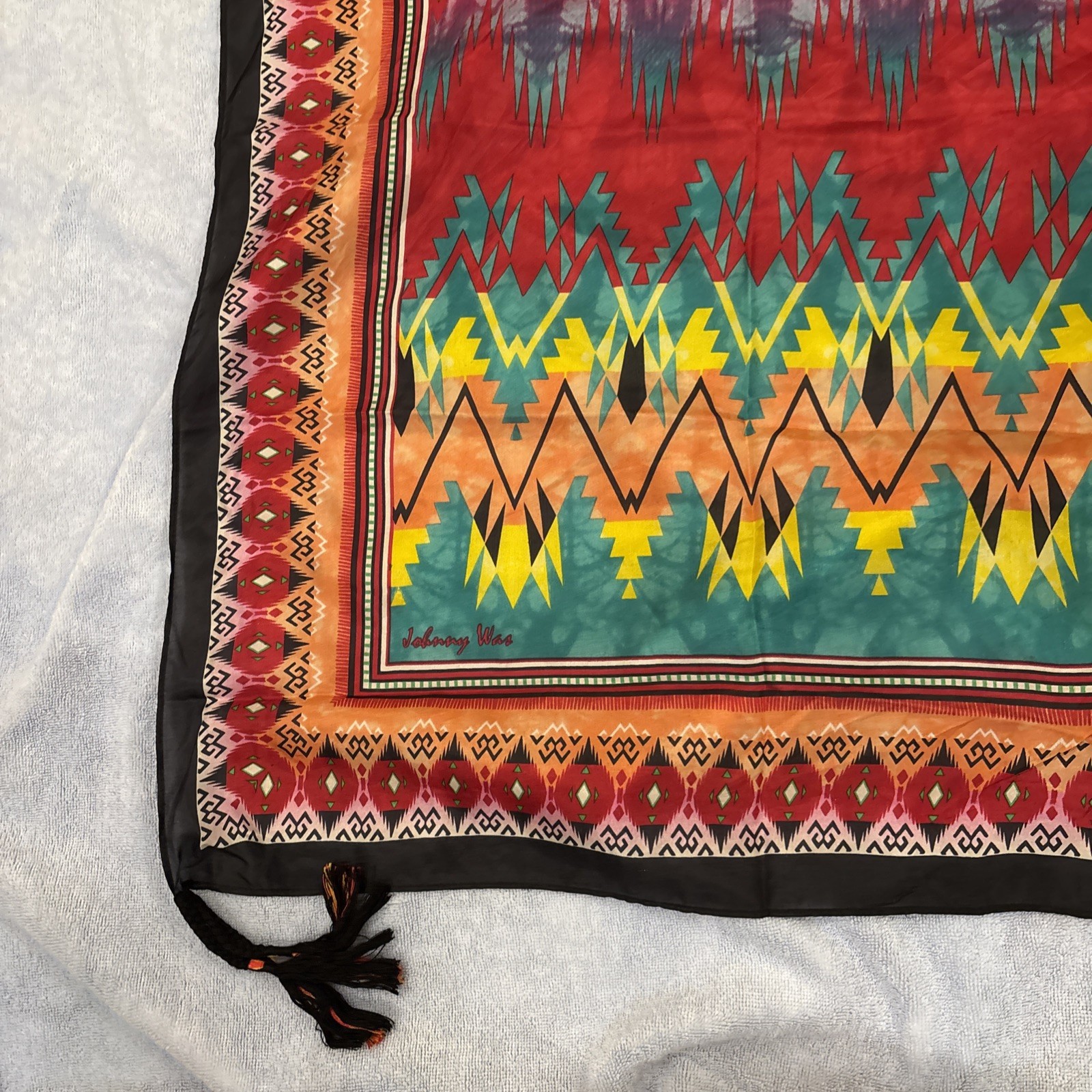 Johnny Was Silk Scarf Tassels Abstract Print Square Designer 42×42 Black Bold
