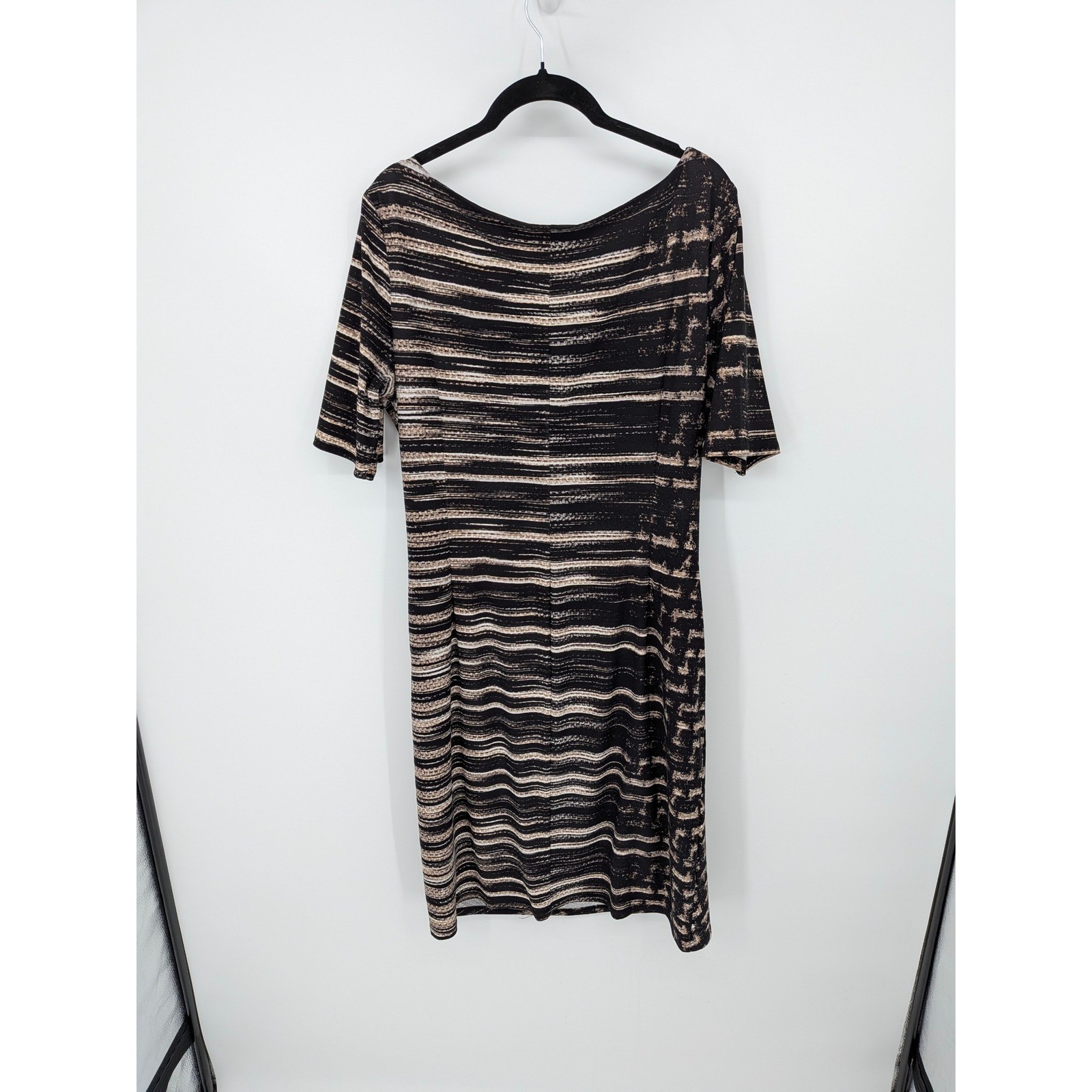 Anne Klein Sheath Dress Womens 14 Black Abstract Striped Ruched Knee Length
