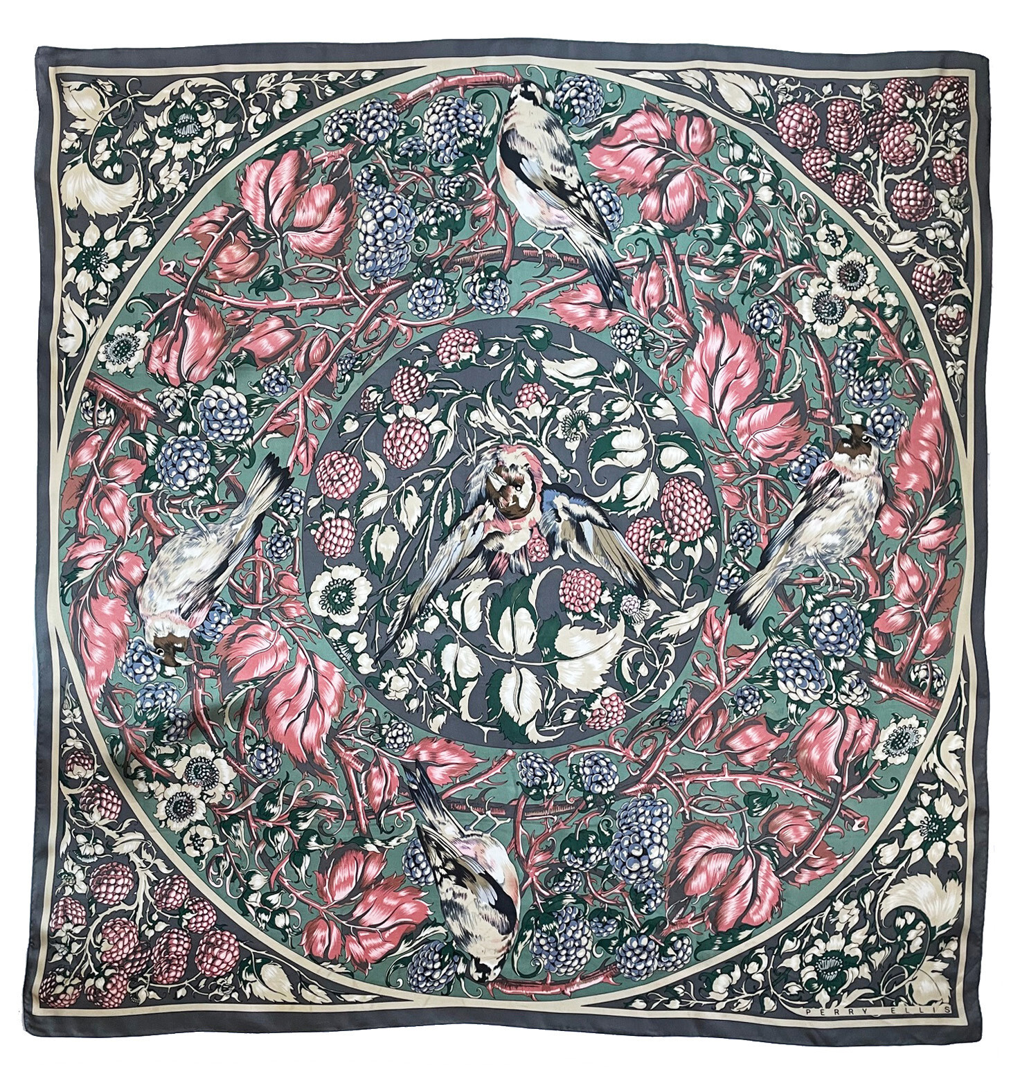 PERRY ELLIS Silk Scarf 35″Square Birds Red & Black Berries Bushes Vintage