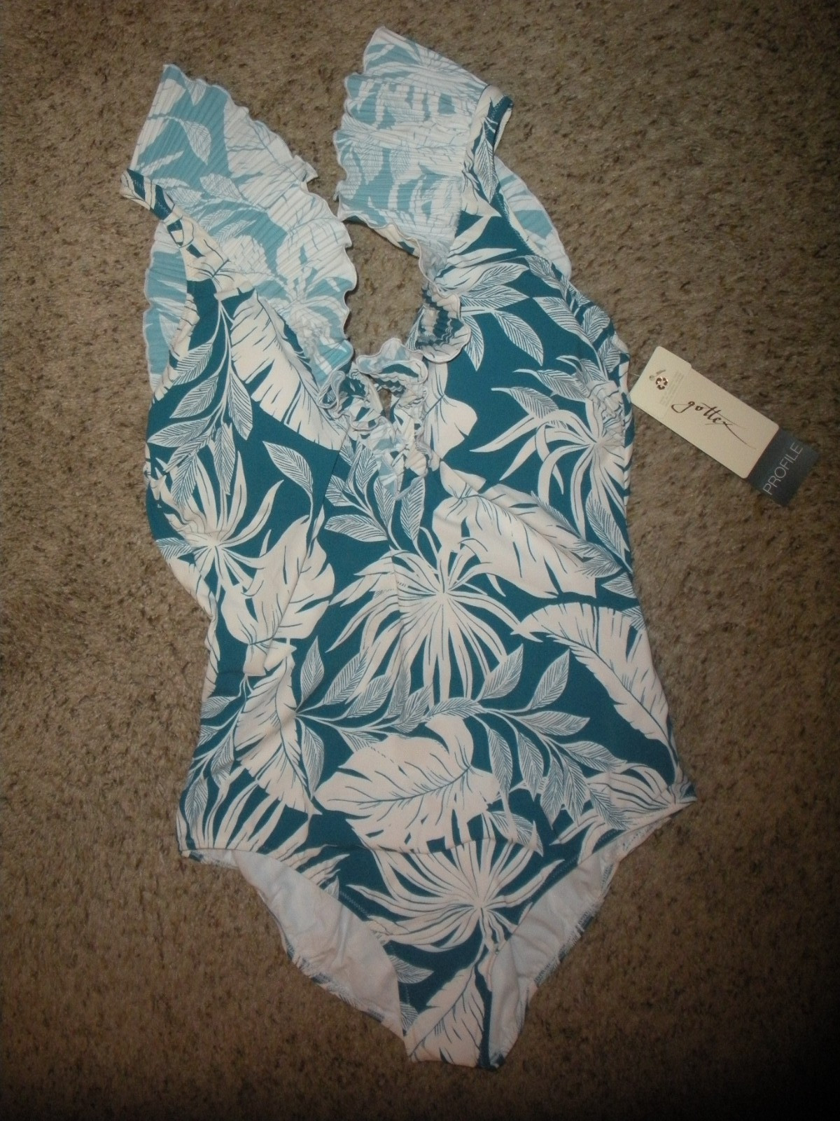 Profile by Gottex Teal Malaya 1 PC Ruffle Deep Plunge V Neck Swimsuit Sz 14 NWT