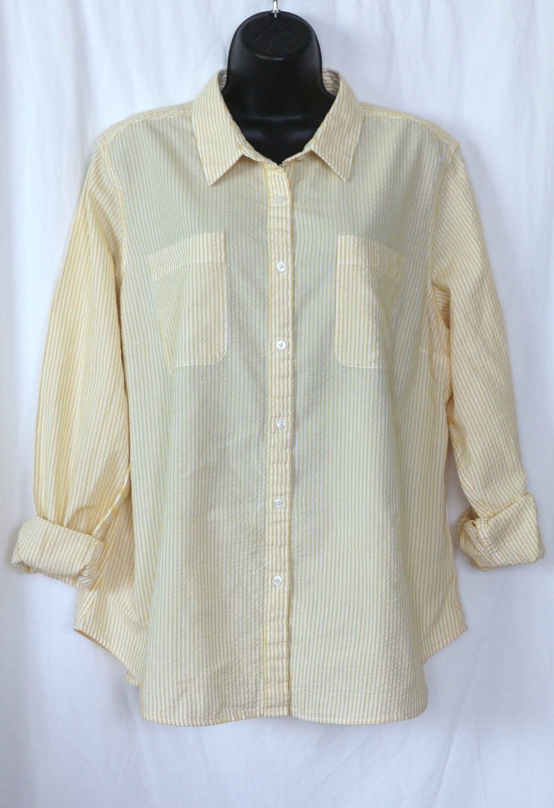 L.L. BEAN Yellow Strpd Seersucker Blse 2 Pckts 48 In Chst 27.5 In Lng Sz XL EXC