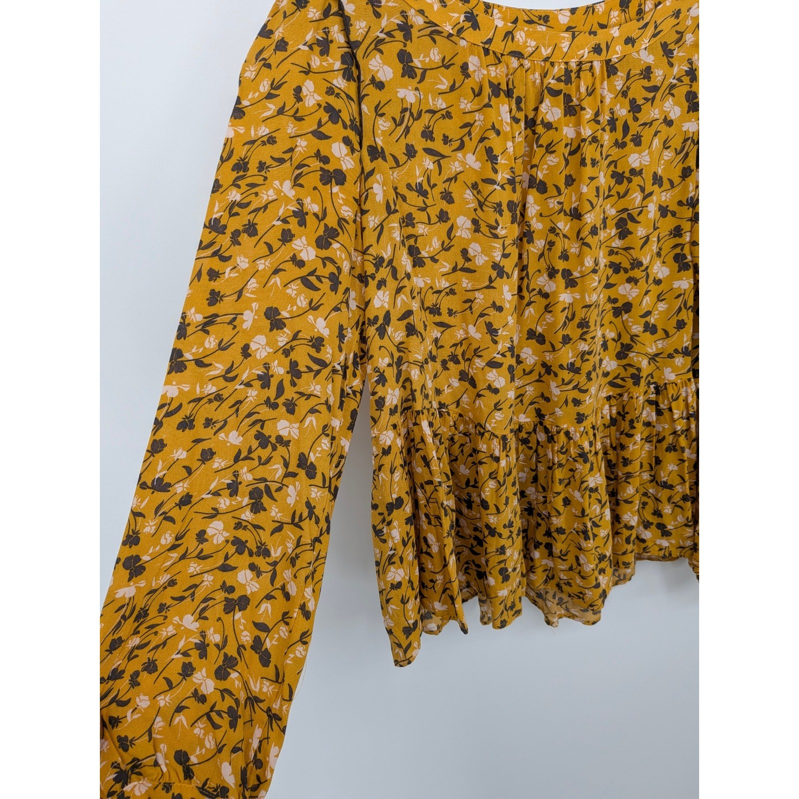 Maeve Peplum Blouse Womens XS Mustard Yellow Floral Long Sleeve Cottagecore