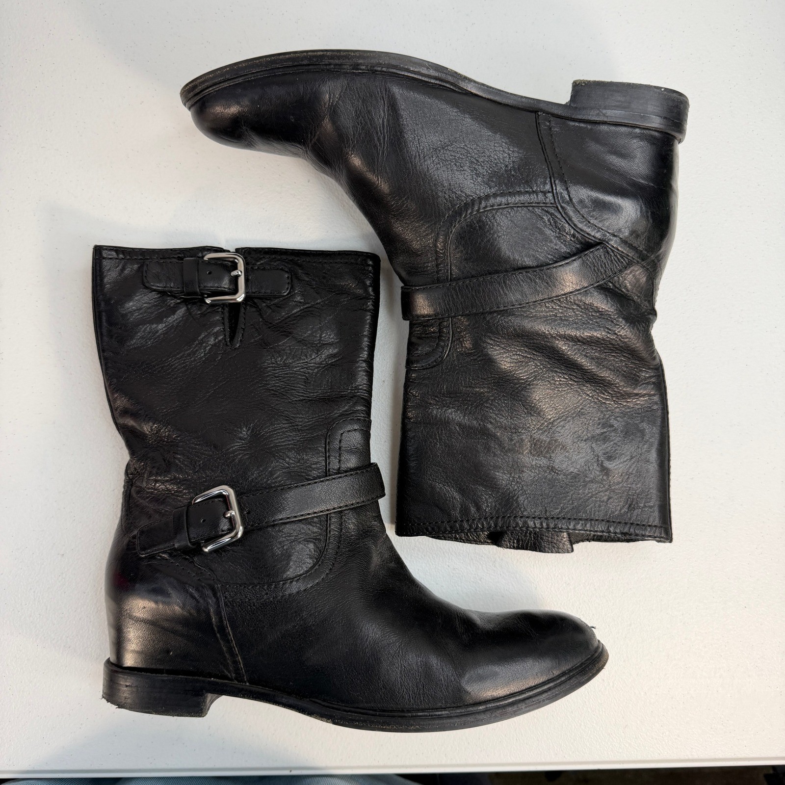 Prada 40.5 10.5 Boots Moto Engineer Hidden Wedge Buckle Leather Black Designer