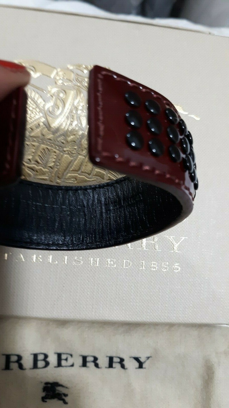 BURBERRY LEATHER CUFF BANGLE BERRY RED BLACK GROMMETS NEW TAGS UNISEX