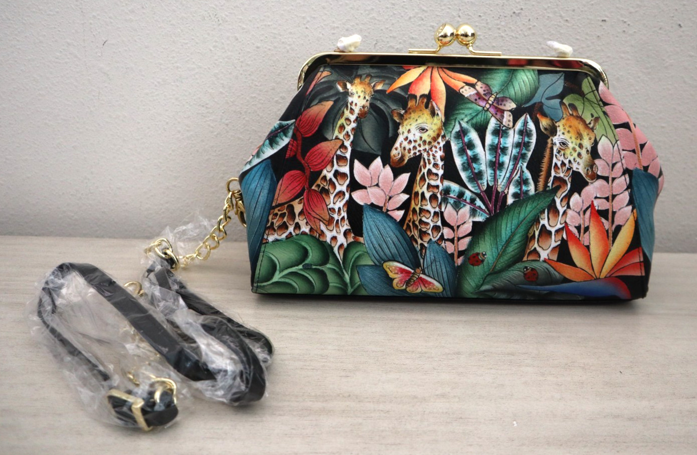 Anuschka Jungle Hand-Painted Leather Kiss Lock Clutch Crossbody Shoulder Bag$298