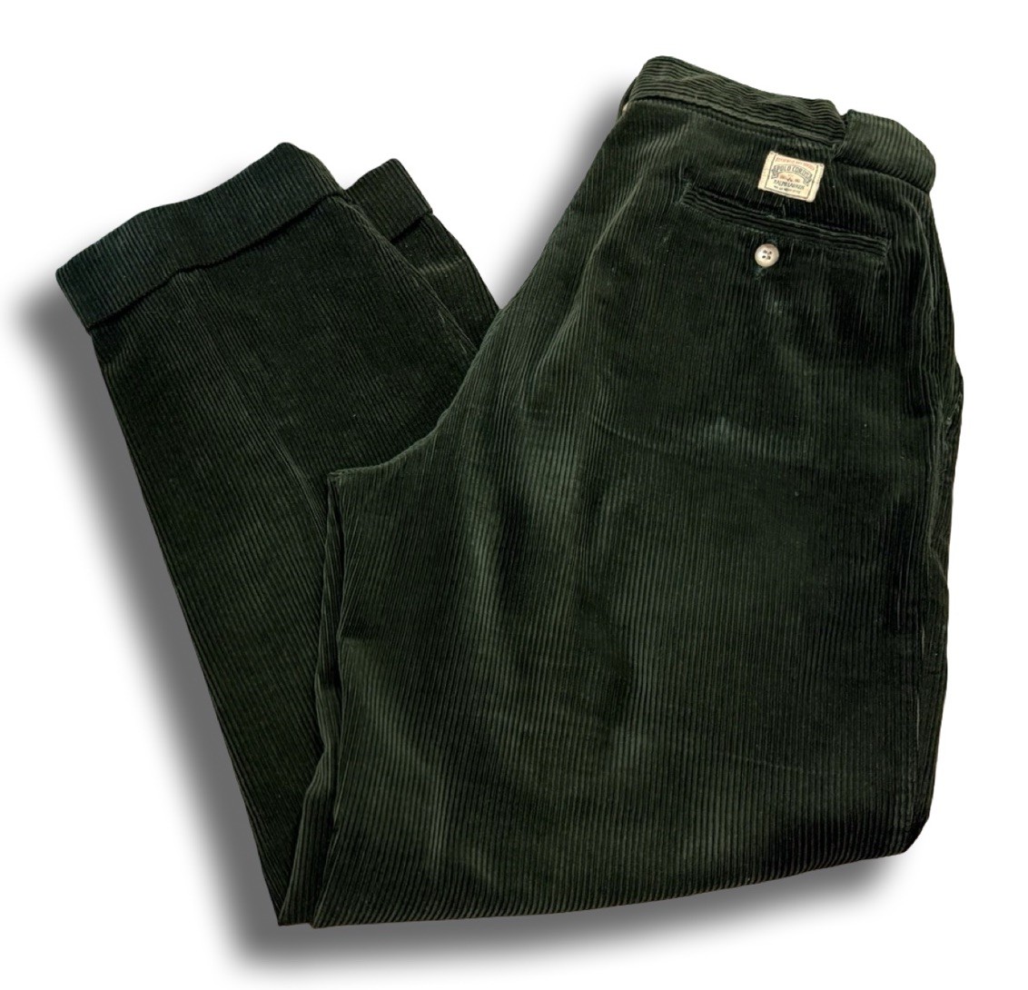 VINTAGE POLO CORDS RALPH LAUREN MENS 29X28 PLEATED ARMY GREEN CORDUROY PANTS