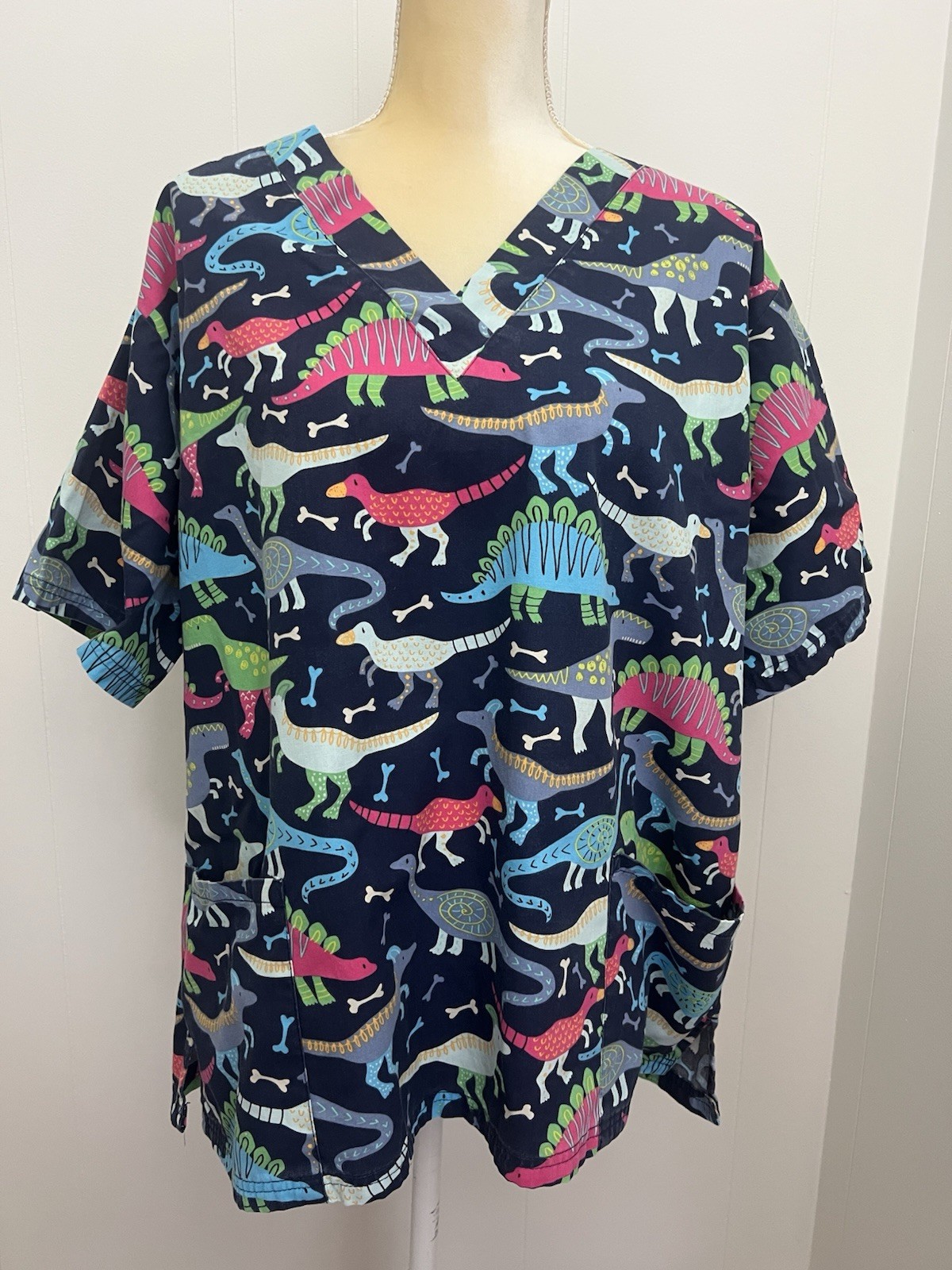UA Scrubs Womans Large Uniform Scrub Nurse Medical Top Dinosaur Days Bones Blue