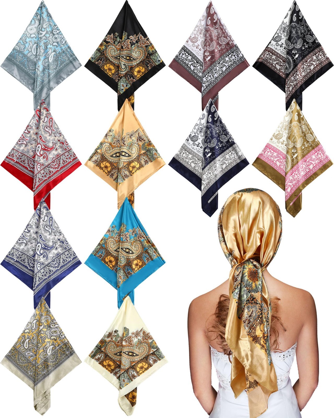 12 Pcs 35″ Large Square Satin Head Scarves for Women – Silk-Like Hair Wraps, Vin
