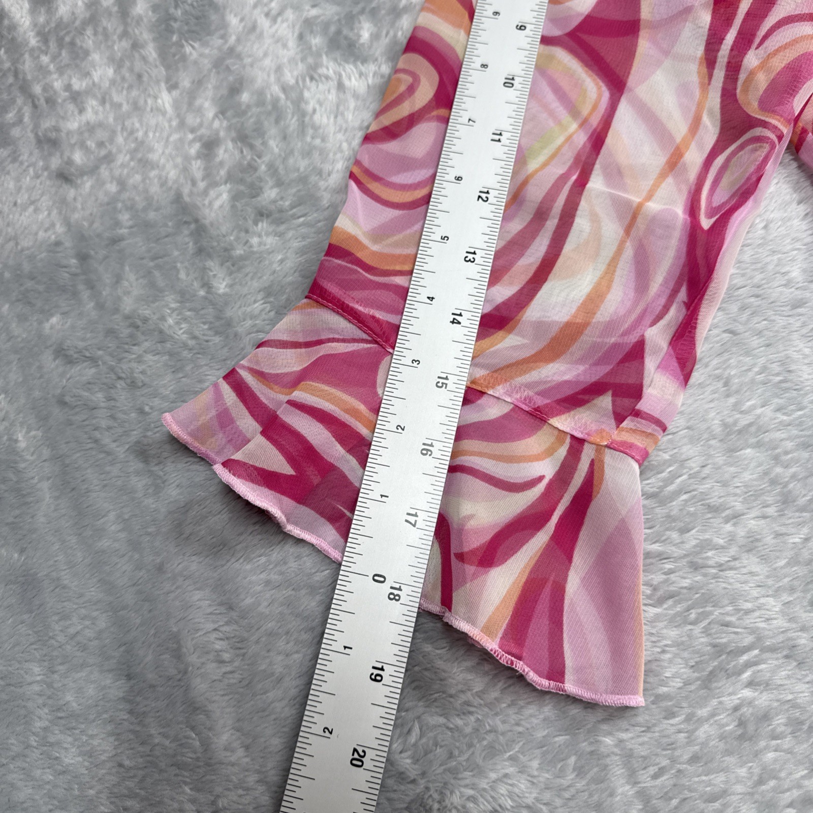 Nicola Button Blouse Women Small Pink Swirl Psychedelic 3/4 Sleeve Ruffle Cuff