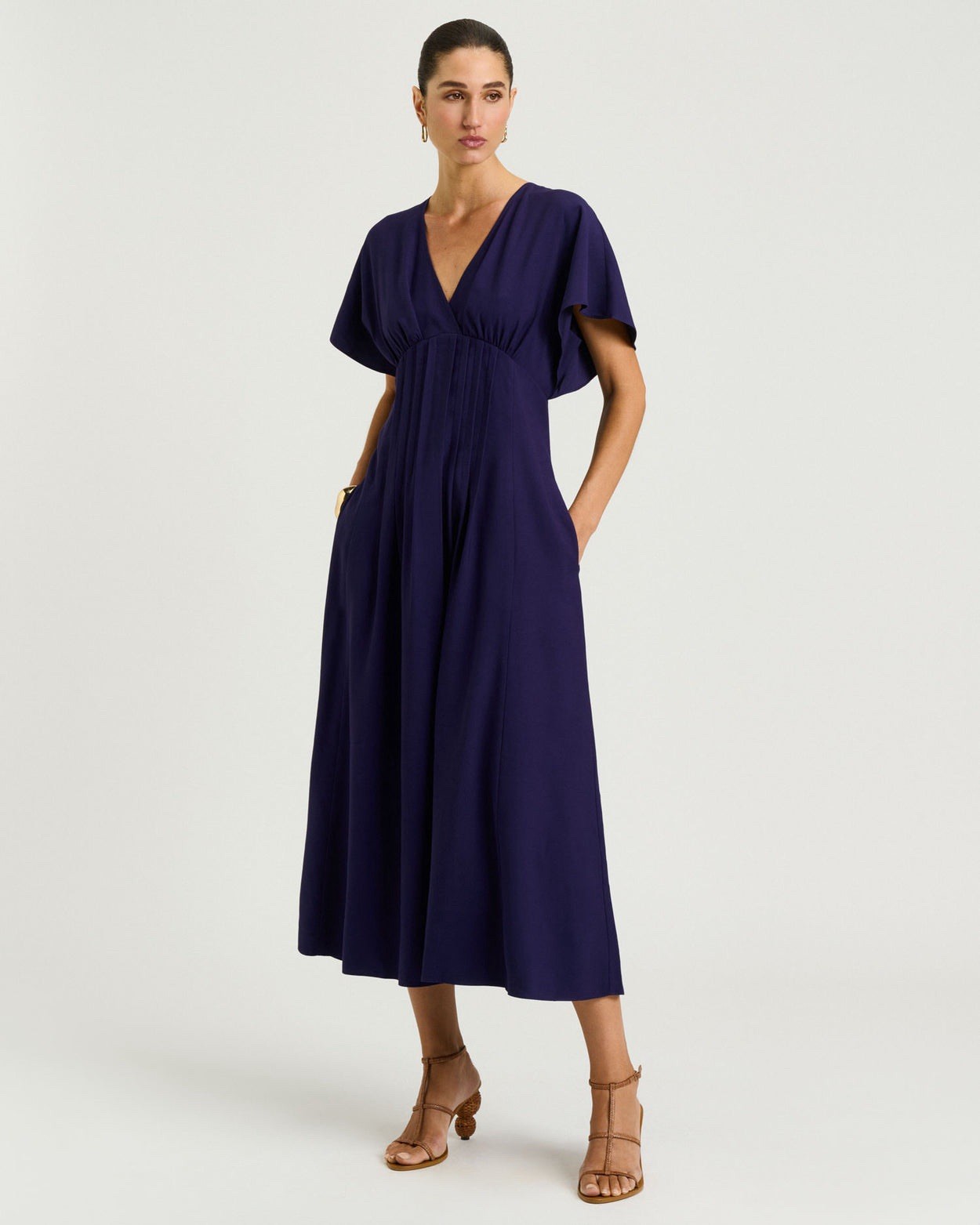 Veronika Maine Dress AU 18 Navy Drapey Viscose Twill Pin Tuck Midi RRP: $279