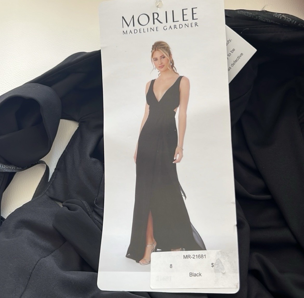 Mori Lee Madeline Gardner Chiffon Wrap Dress-Black NWT Size 8 MSRP $180
