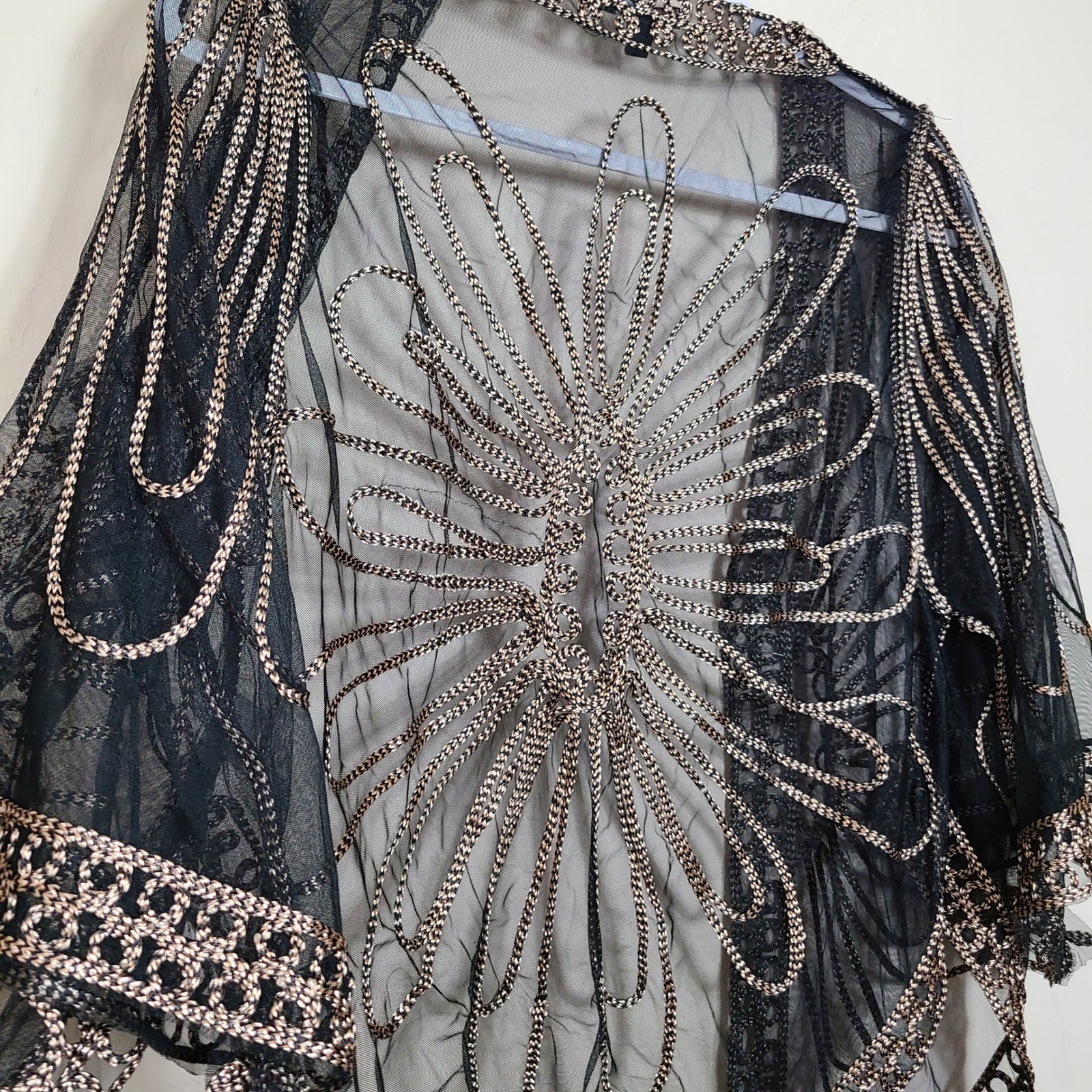 Black Gold Embroidered Sheer Womens S/M Shrug Art Deco Mesh Gatsby 1920s Boho