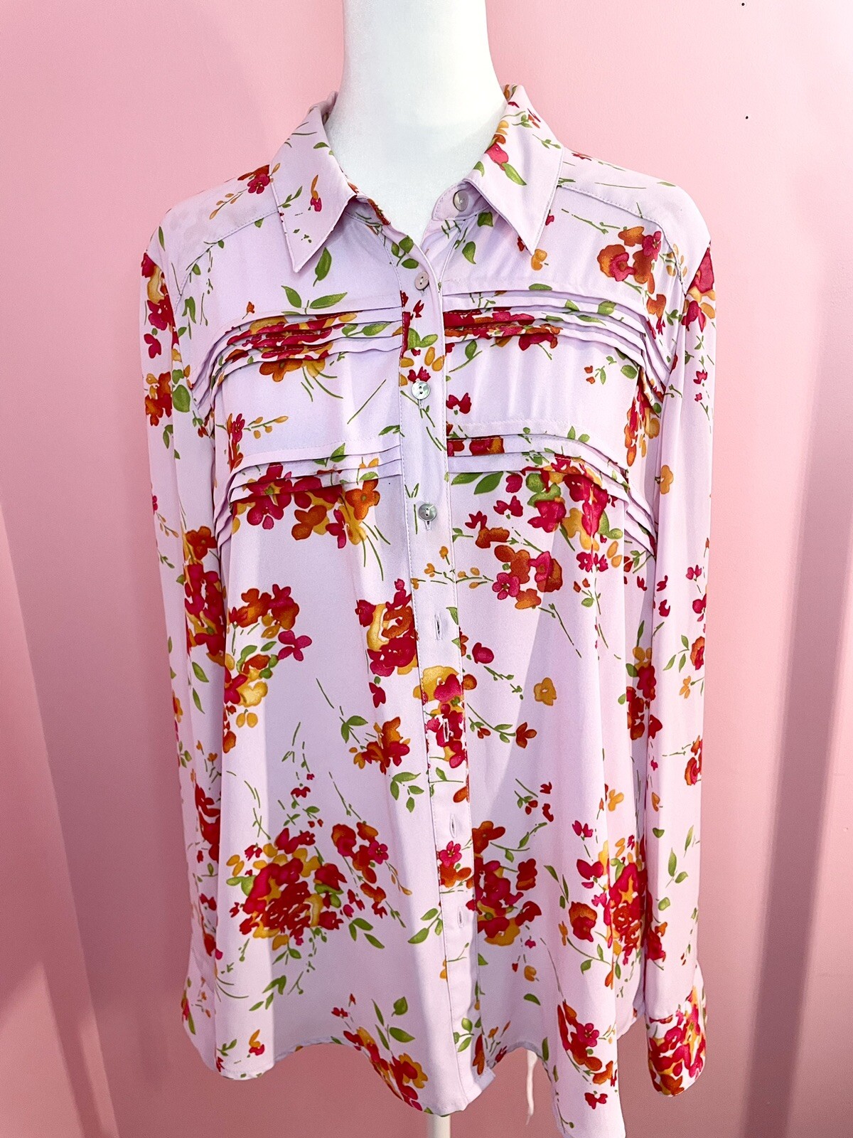 Nanette Lepore Women’s Large Pink Floral | Button Up Collared Chiffon Blouse