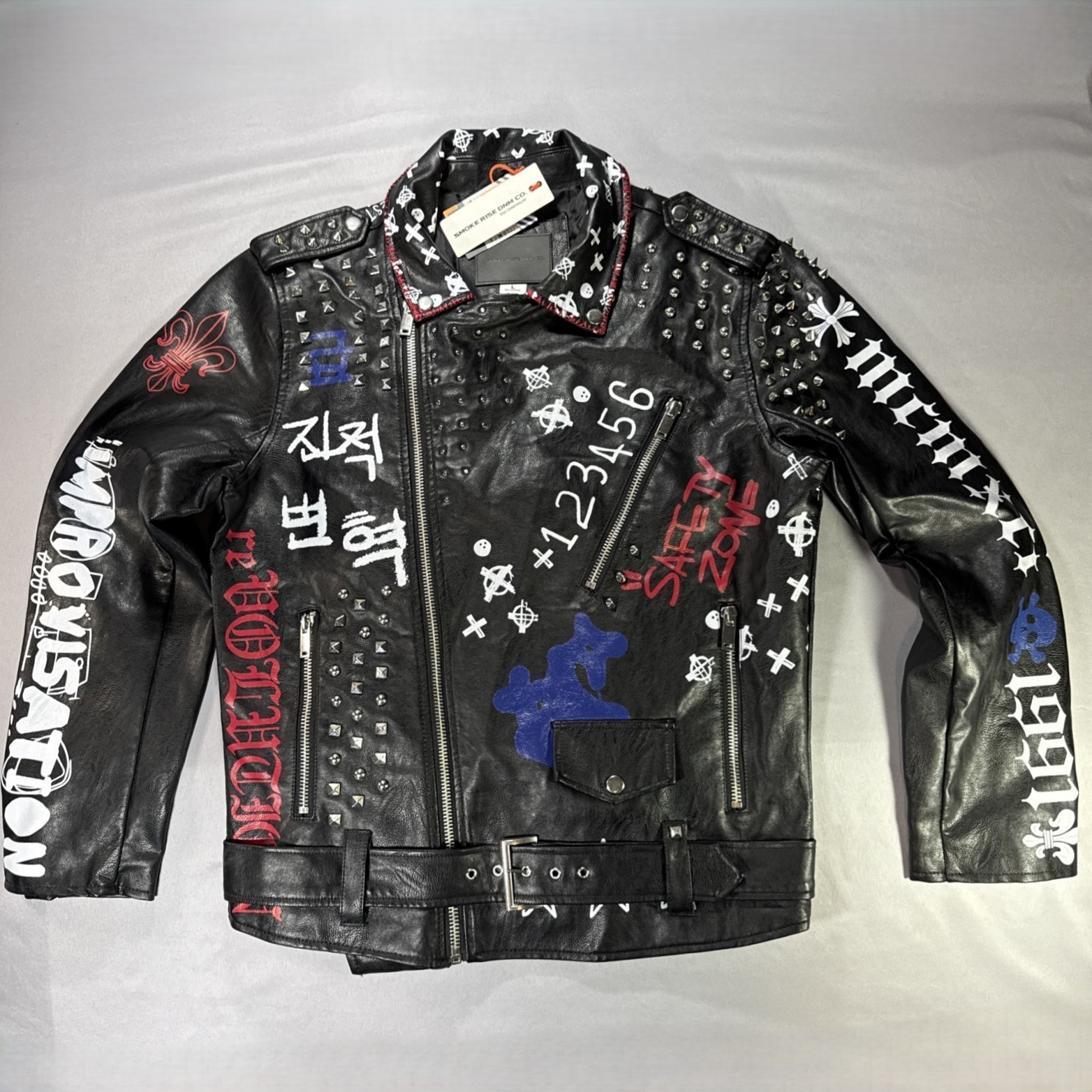 Smoke Rise Graffiti Vegan Leather Jacket Large Studded Punk Rock Moto Music NWT