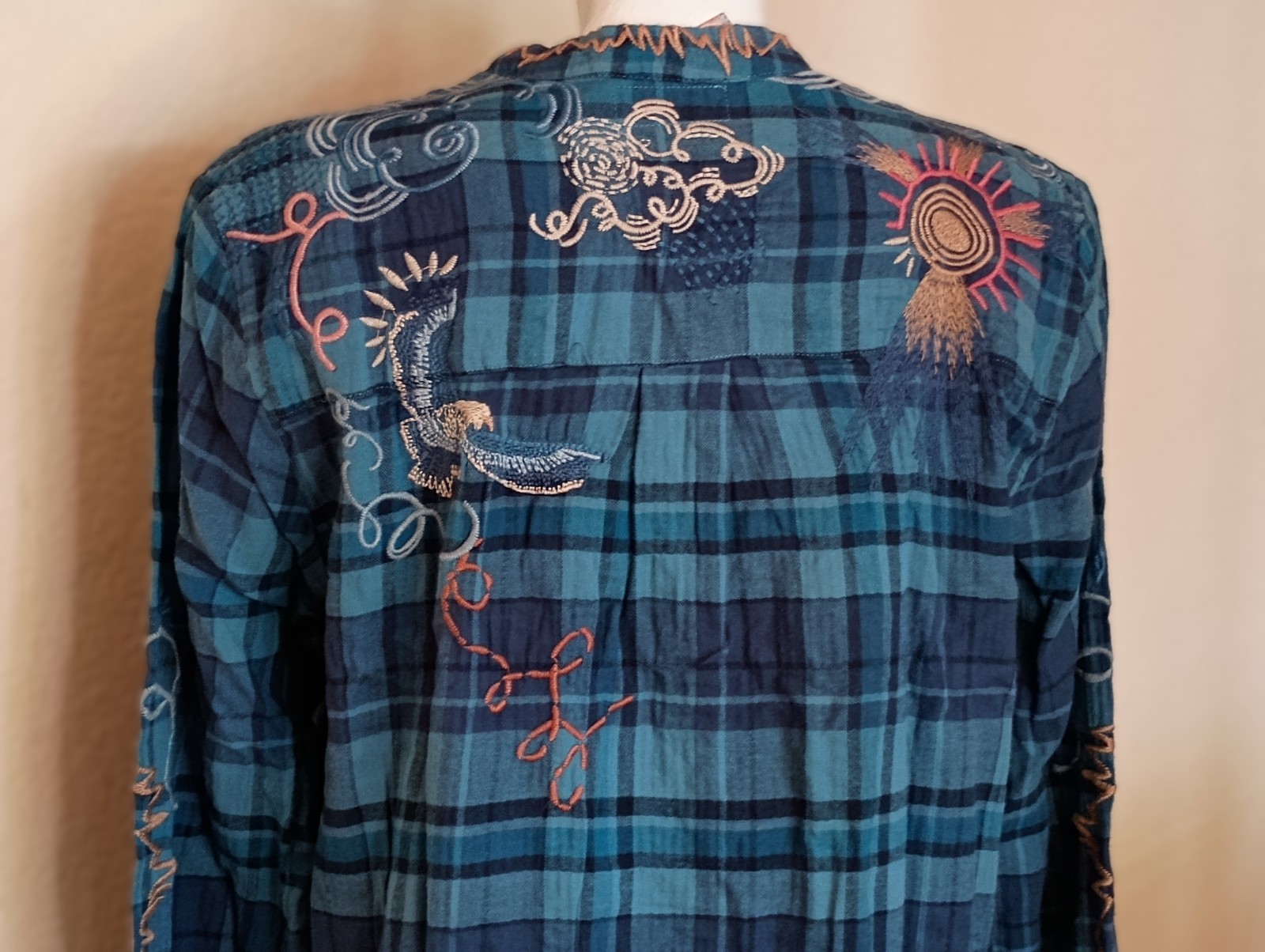 NWT JOHNNY WAS Blue Plaid Embroidered Carmen Henley Shirt Tunic Dress SZ M