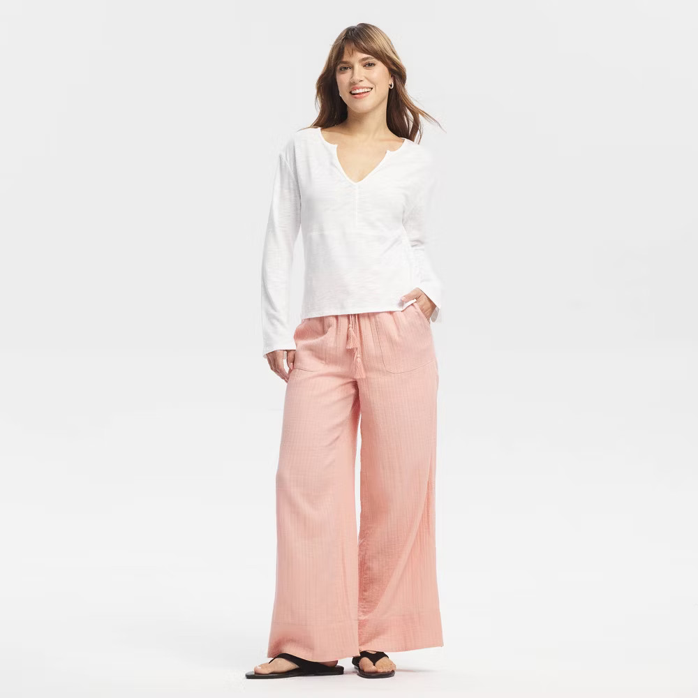 Women High-Rise Tassel Drawstring Waist Wide Leg Pants – Universal Thread Pink