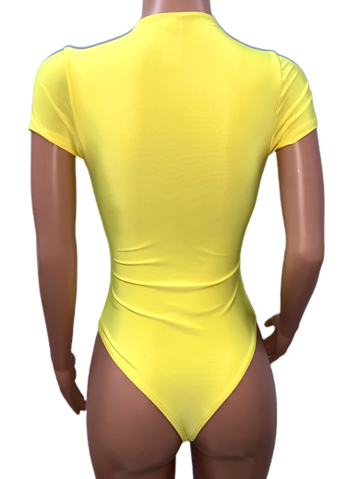 Sexy Deep V-neck Cleavage Slinky Stretch Hot Yellow Bodysuit New Plunge Top New