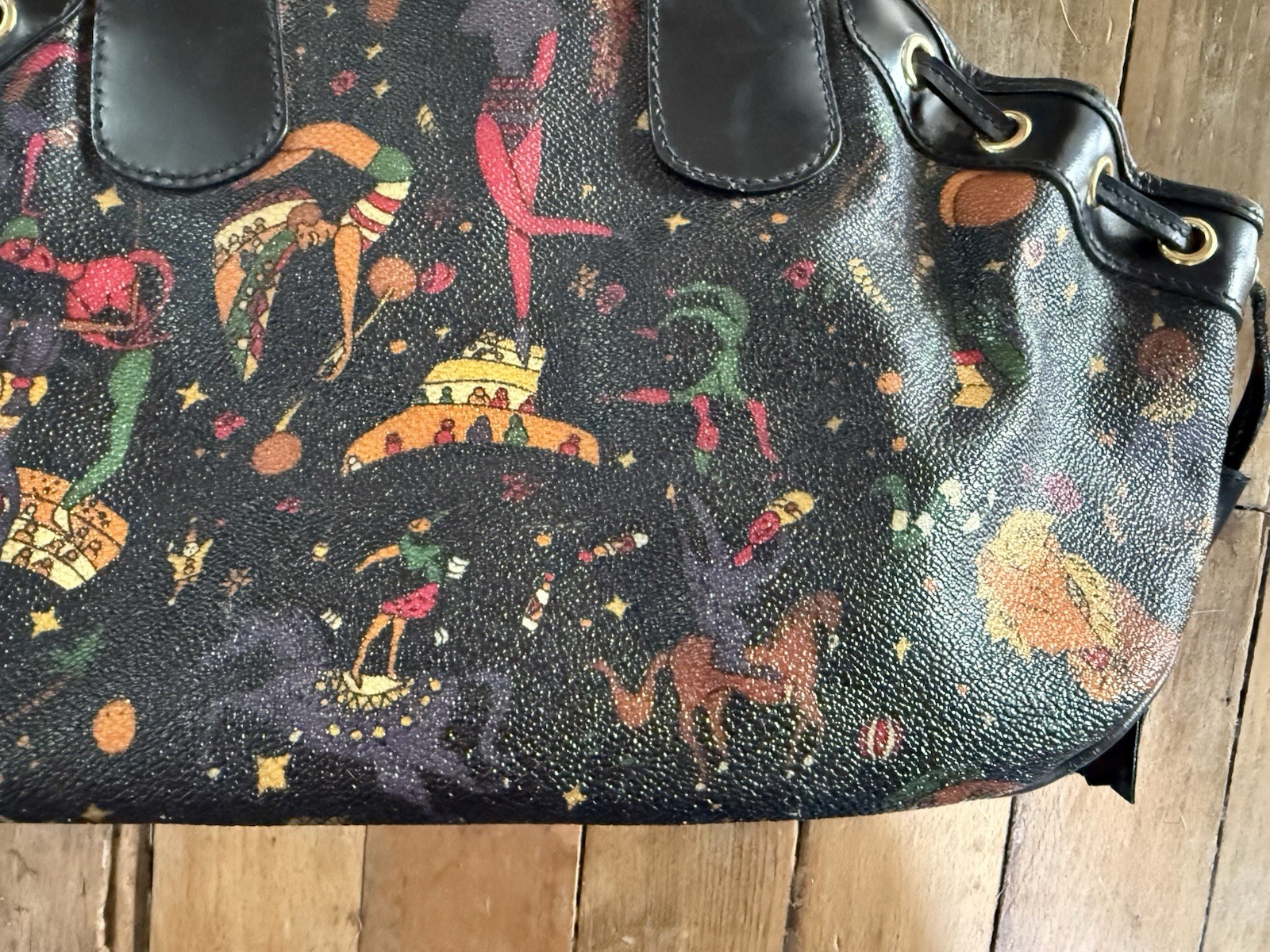 Piero Guidi Magic Circus Large Satchel Bag Black Multicolor Gold Hardware
