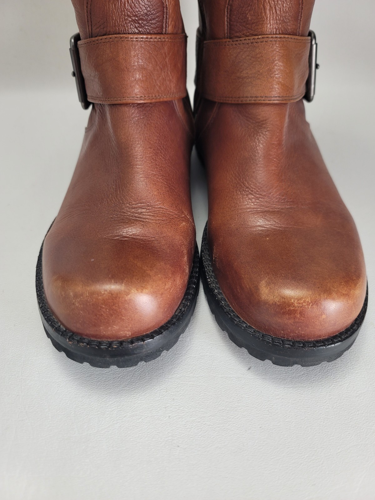 Gentle Souls Brown Camden Moto Double Buckled Up Pebbled Leather Boots Size 8.5
