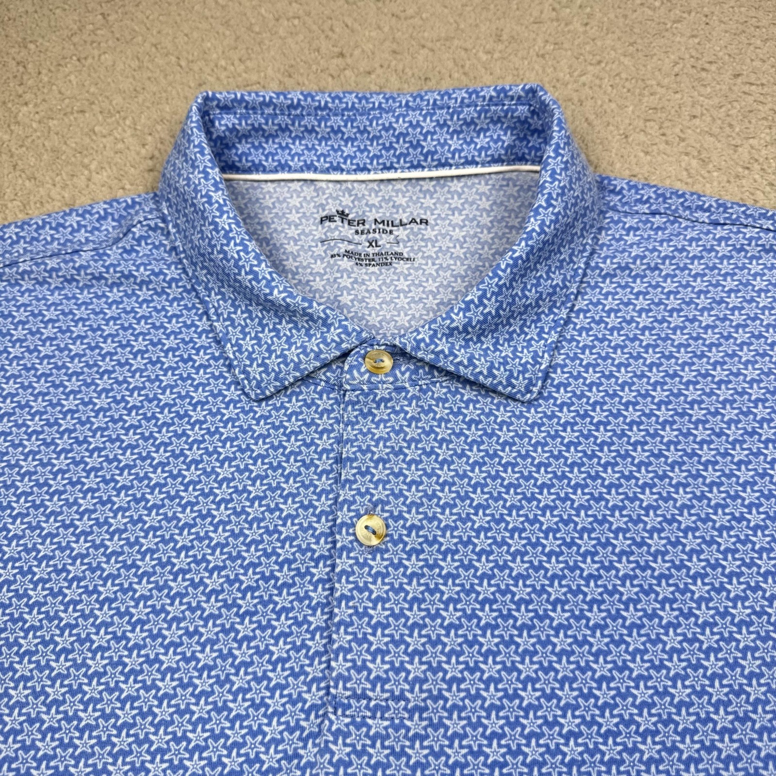 Peter Millar Polo Shirt Mens XL Blue Seaside Star Print Golf Stretch N22AK075
