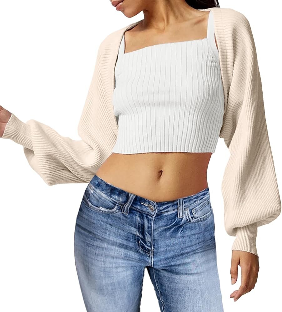 Women’s Bolero Shrug Sweater Cropped Cardigan Knit Tie Up Open Front Long Sleeve