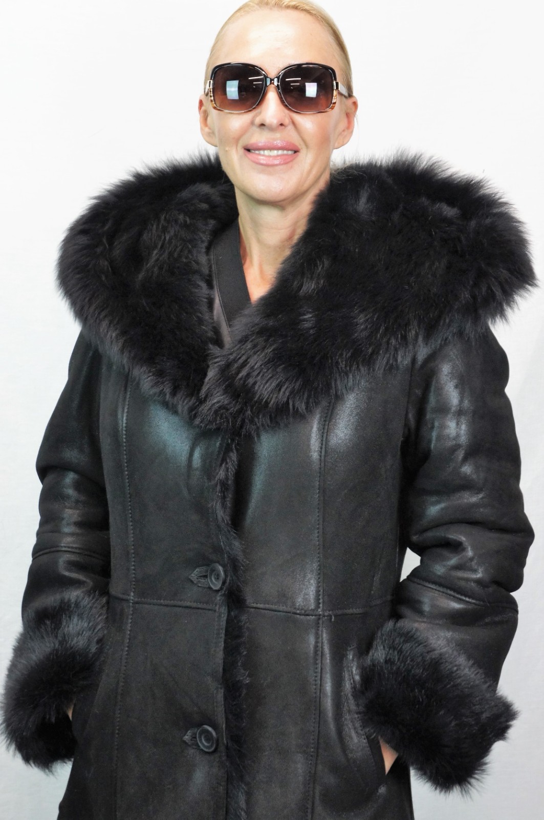 REAL 100% Sheepskin Shearling Leather Toscana Long Coat Hood DAKOTA BLACK XS-6XL
