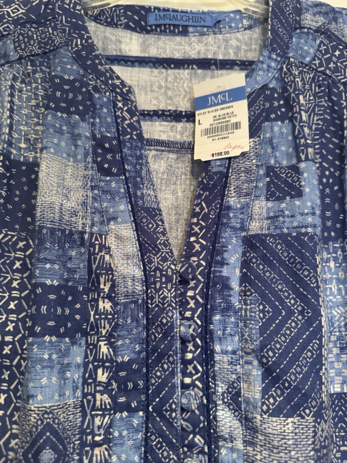 NWT J. McLaughlin NYLEE SLEEVELESS LINEN DRESS Diamond Patch Blue, LARGE $198