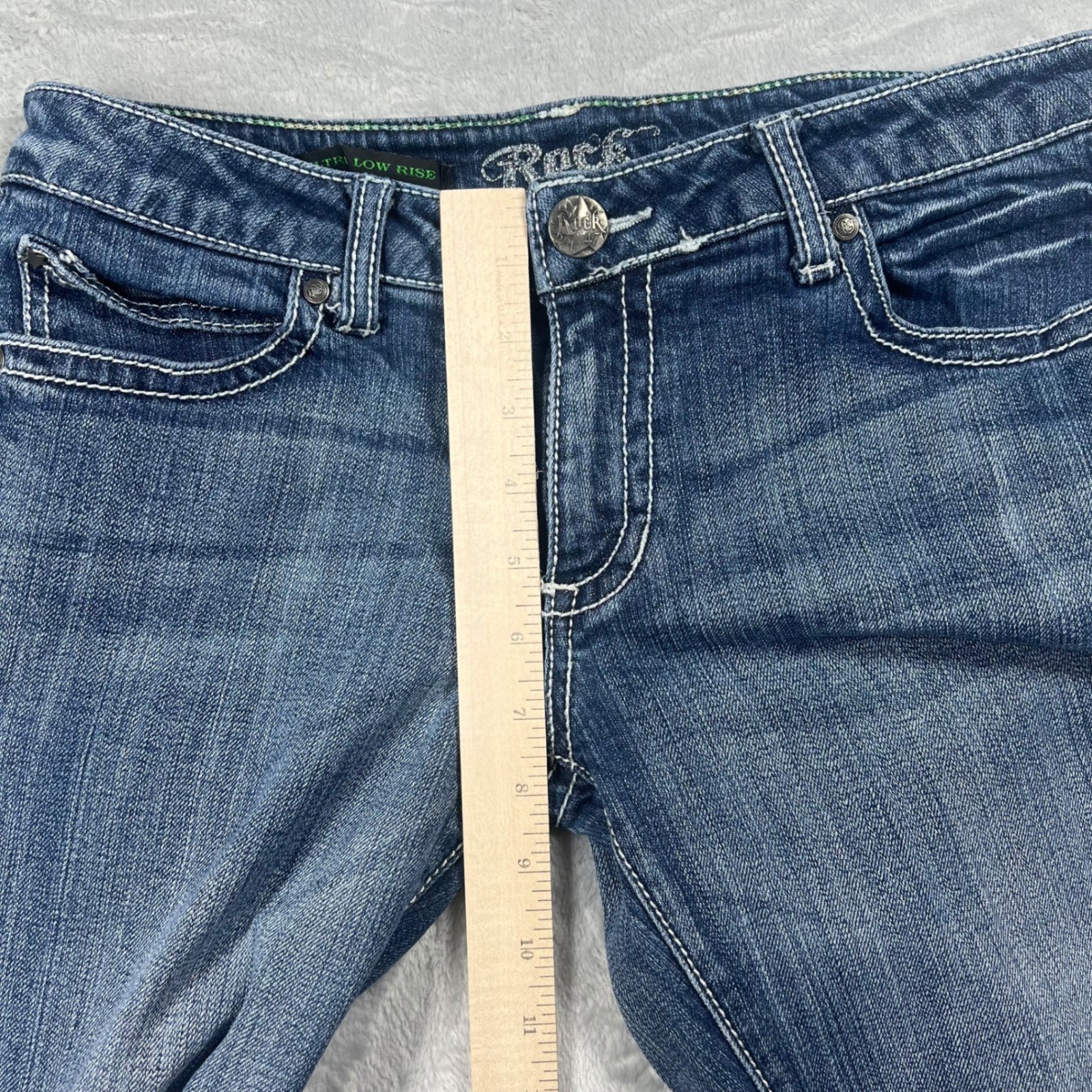 Rock 47 by Wrangler Women Ultra Low Rise Bootcut Jeans embroidered pocket Size 5