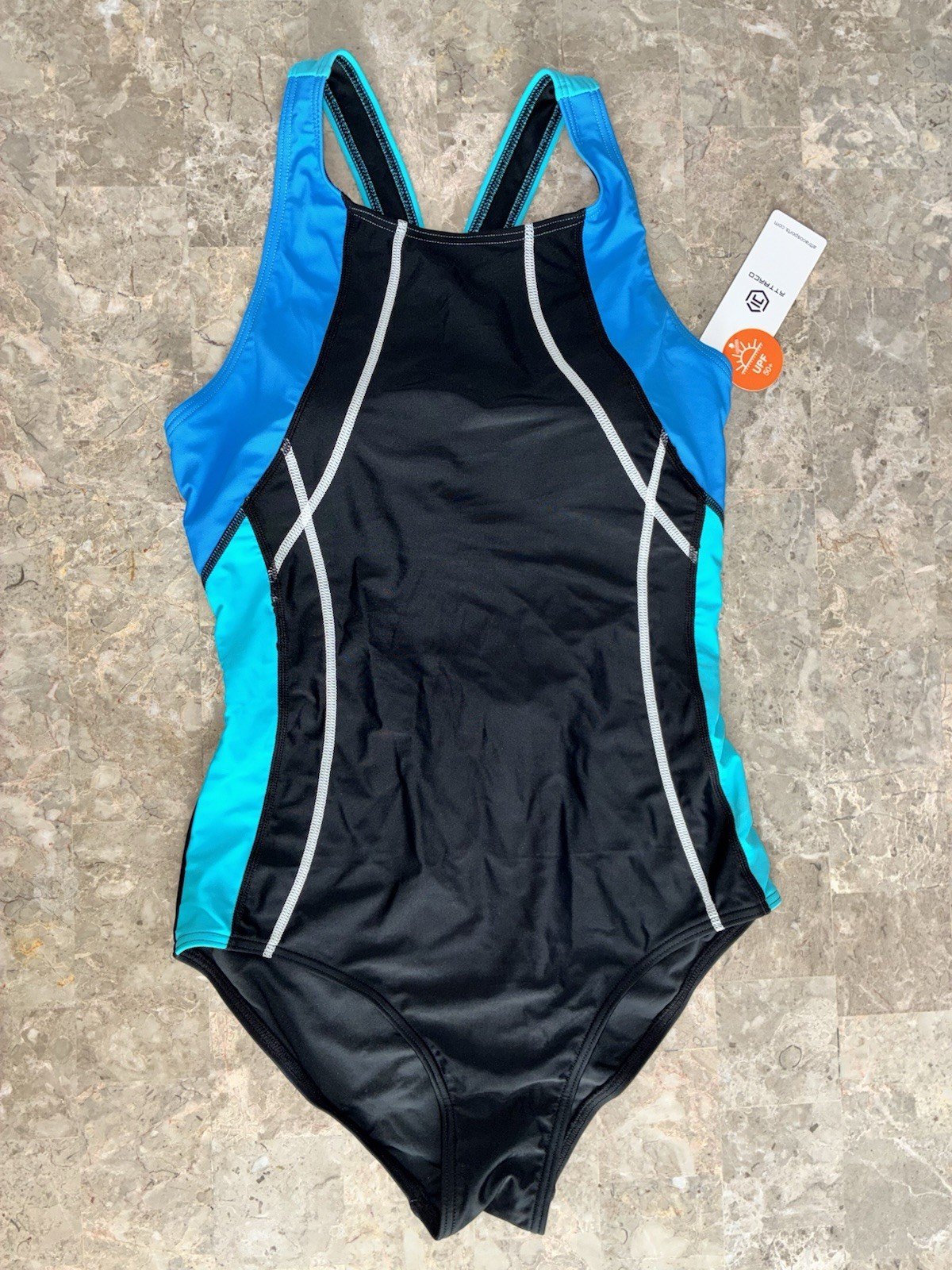 Attraco Athletic One Piece Sporty Swimsuit Size Small – Black Blue UPF 50+