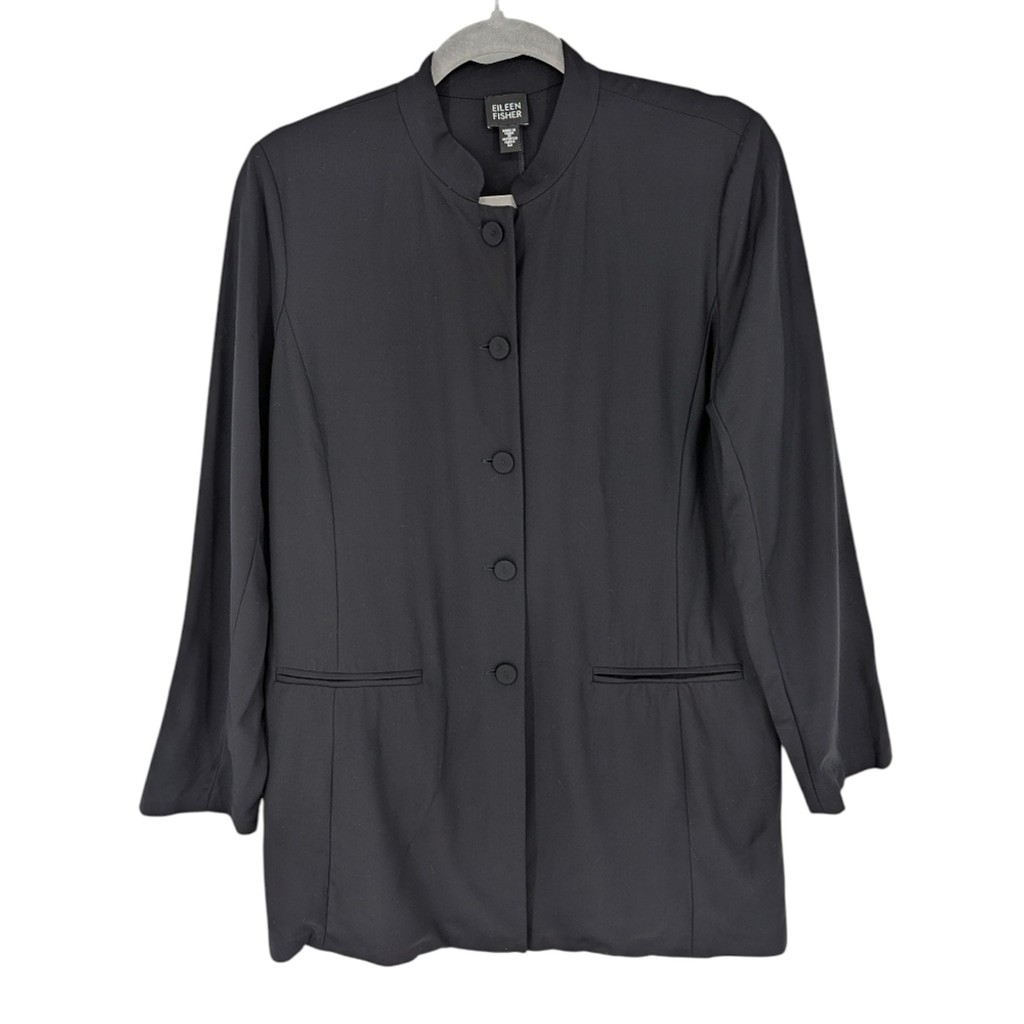 Eileen Fisher Jacket Tropical Viscose Wool Blend Black Medium System Minimalist